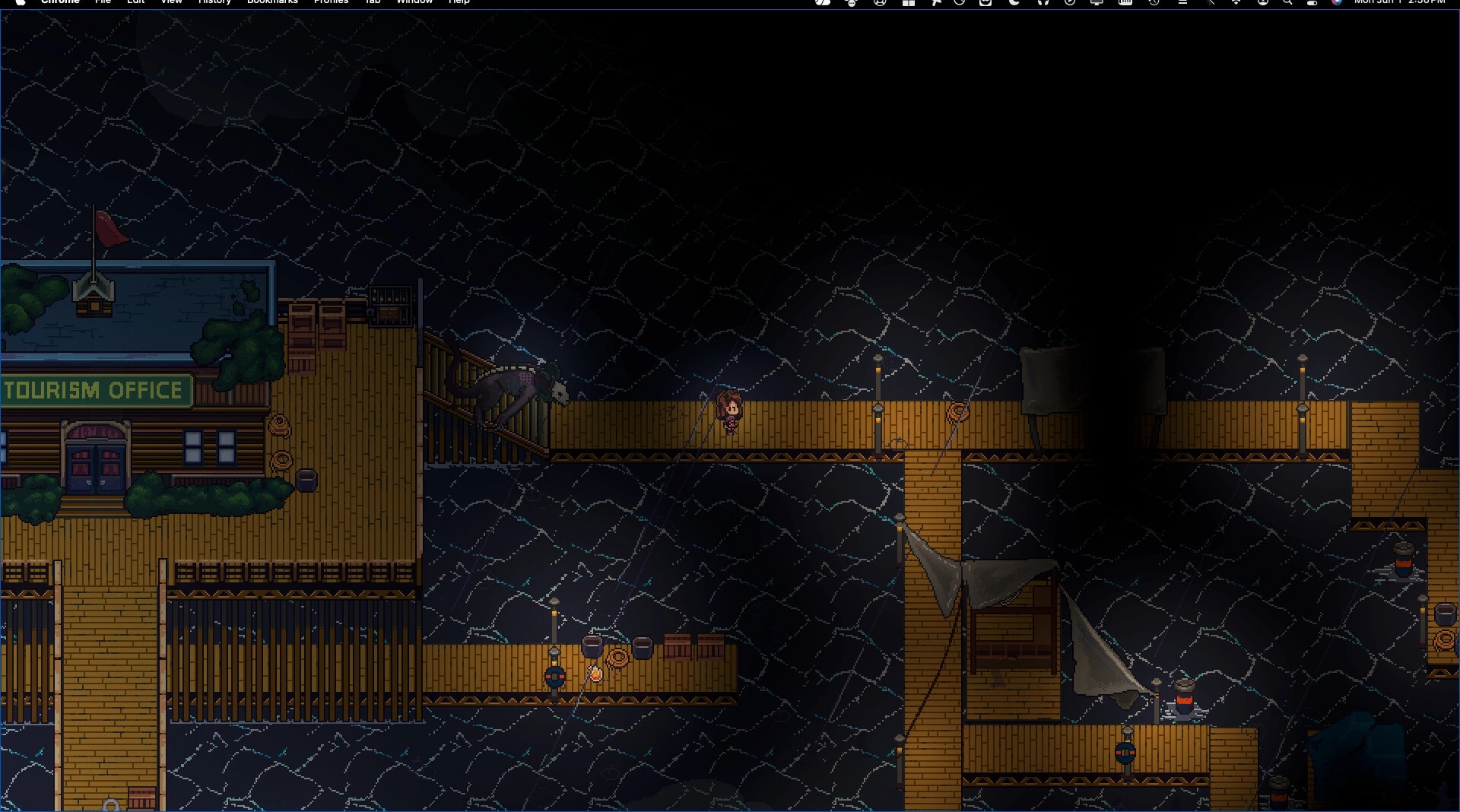 Spirit Mask RPG: Player character on rainy dock walkways near Tourism Office building and moored boats.