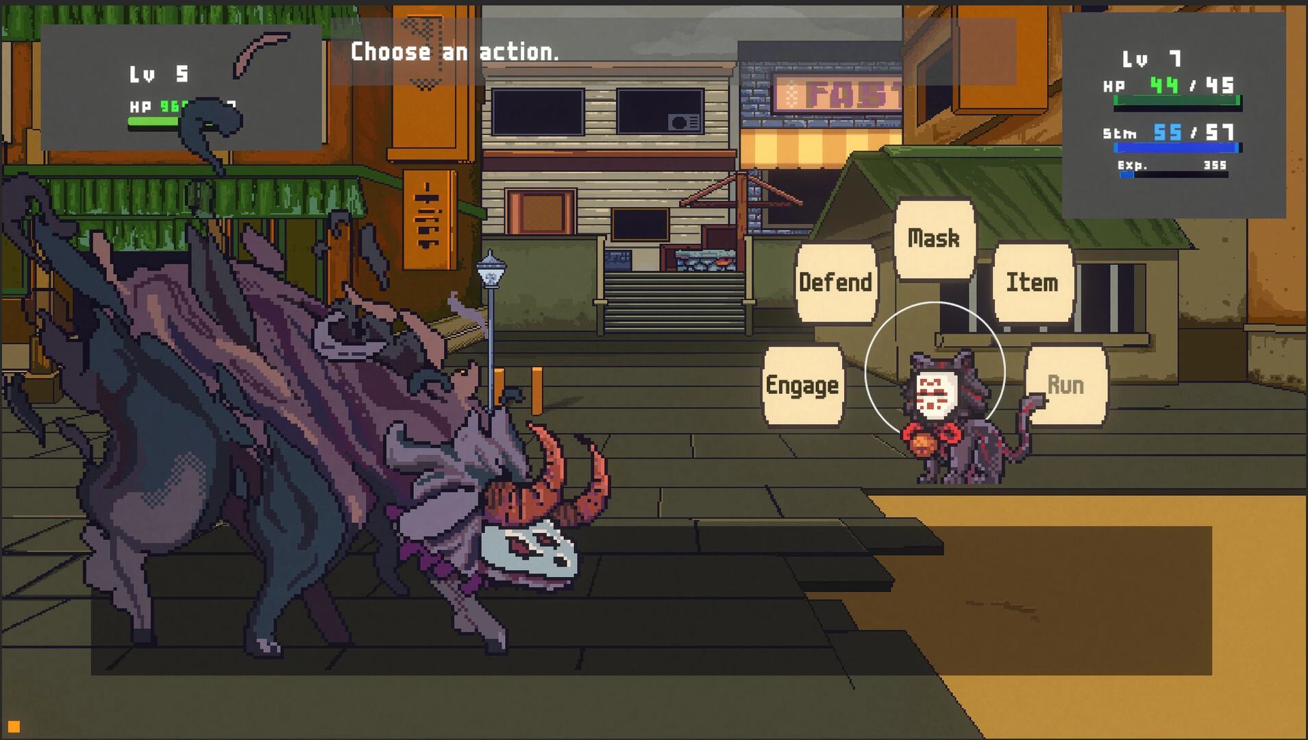 Spirit Mask RPG: Turn-based battle menu with Mask, Item, Run vs horned beast in city street backdrop.