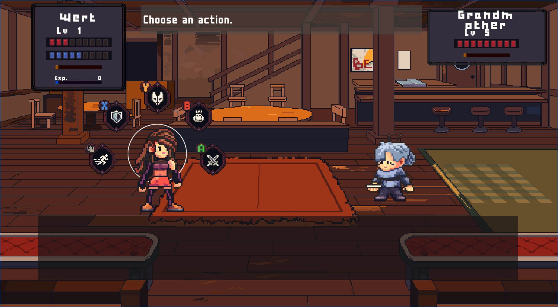 Spirit Mask RPG: Turn-based battle menu for Wert vs Grabdm in a pixel-art tavern interior with bar stools.