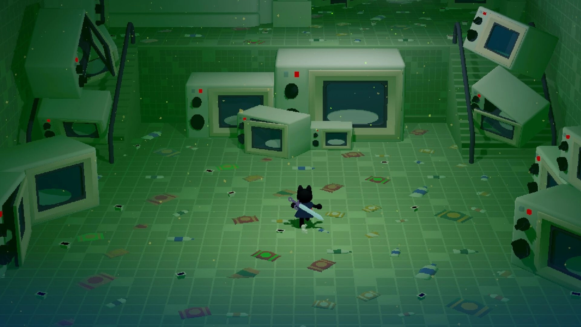 Spirited Line: Character with sword explores a surreal, green-tiled room filled with old monitors.