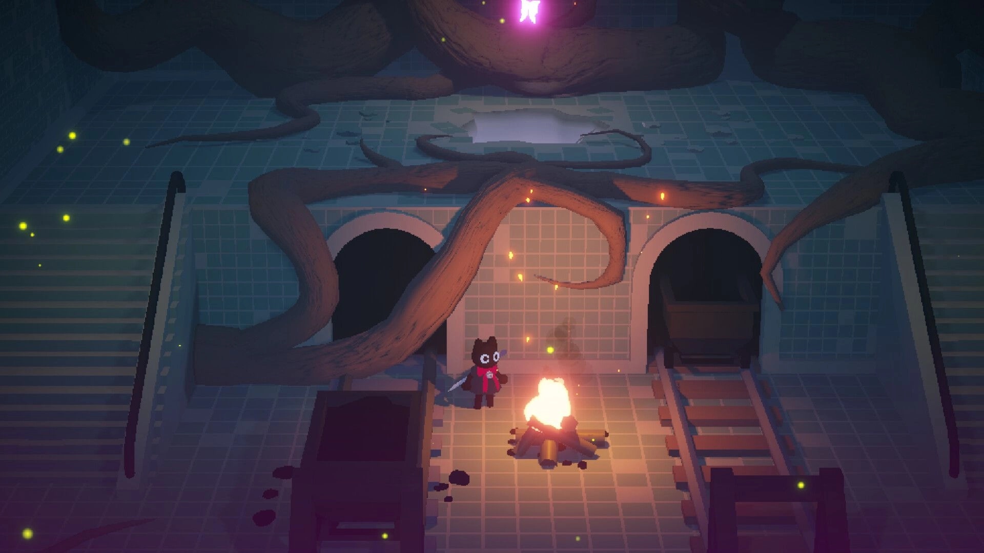 Spirited Line: Character stands by campfire in underground subway with large tree roots surrounding.