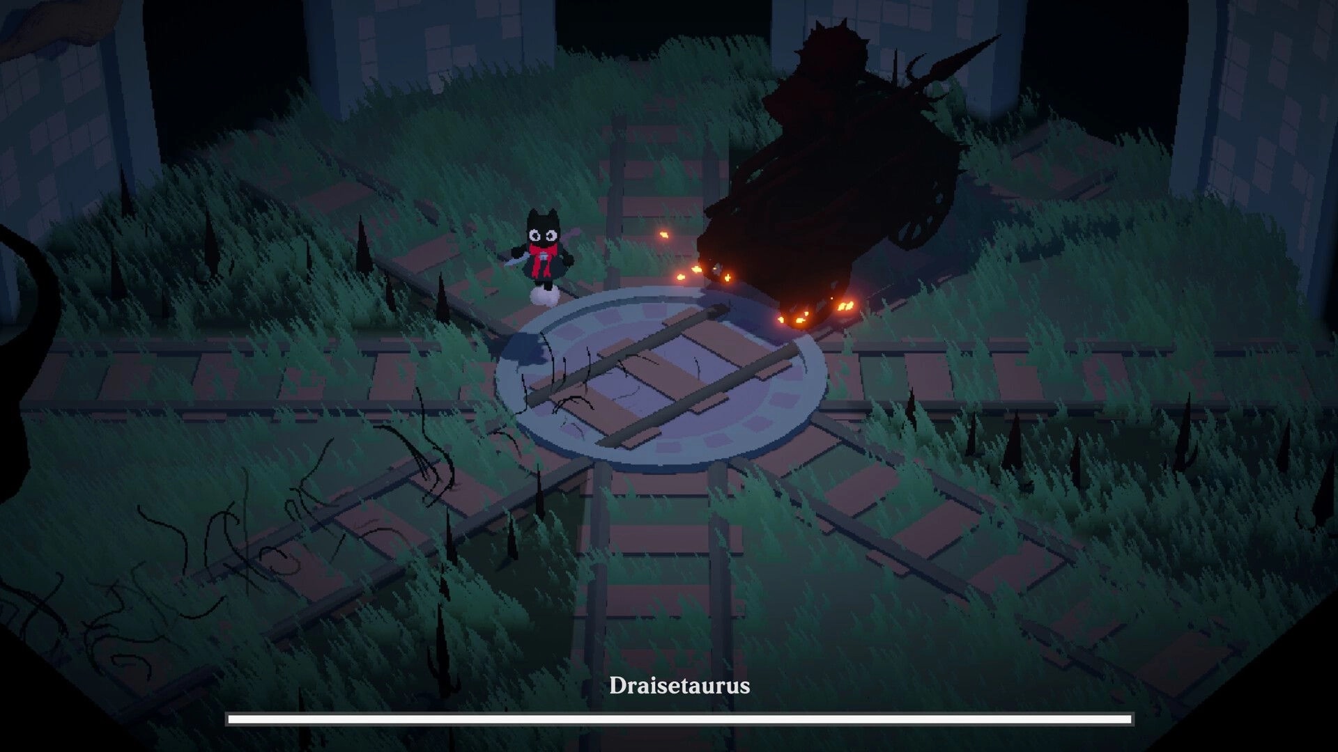 Spirited Line: Player faces Draisetaurus boss on overgrown subway tracks, surrounded by dim light