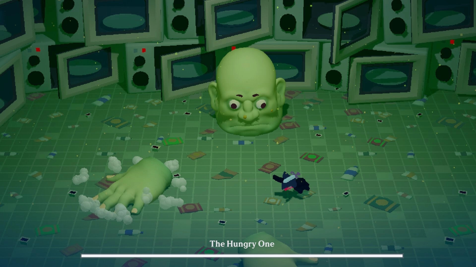 Spirited Line: Battle against giant green head "The Hungry One" amidst scattered debris in subway setting.