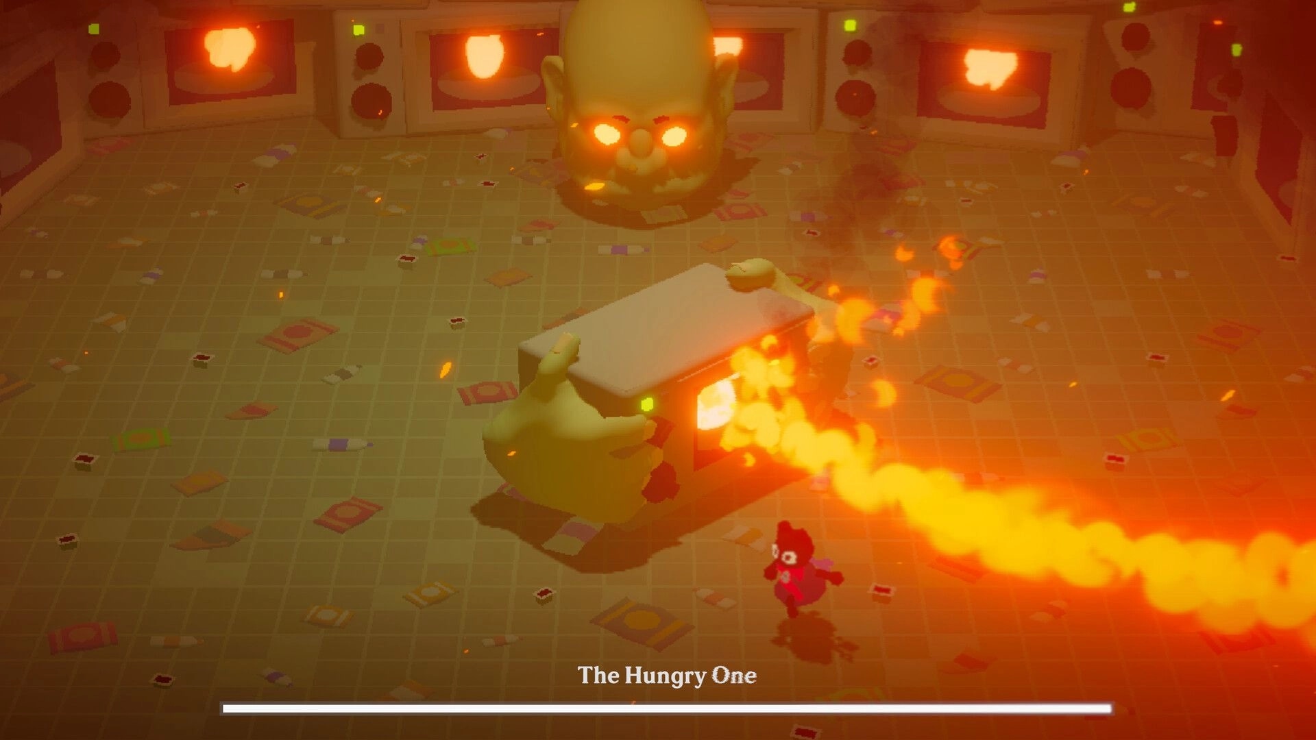 Spirited Line: Player dodges fire attack from boss "The Hungry One" in a cluttered, fiery room.