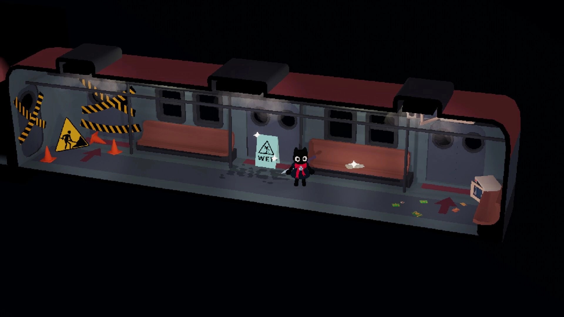 Spirited Line: Character stands in subway train with caution signs and scattered debris around