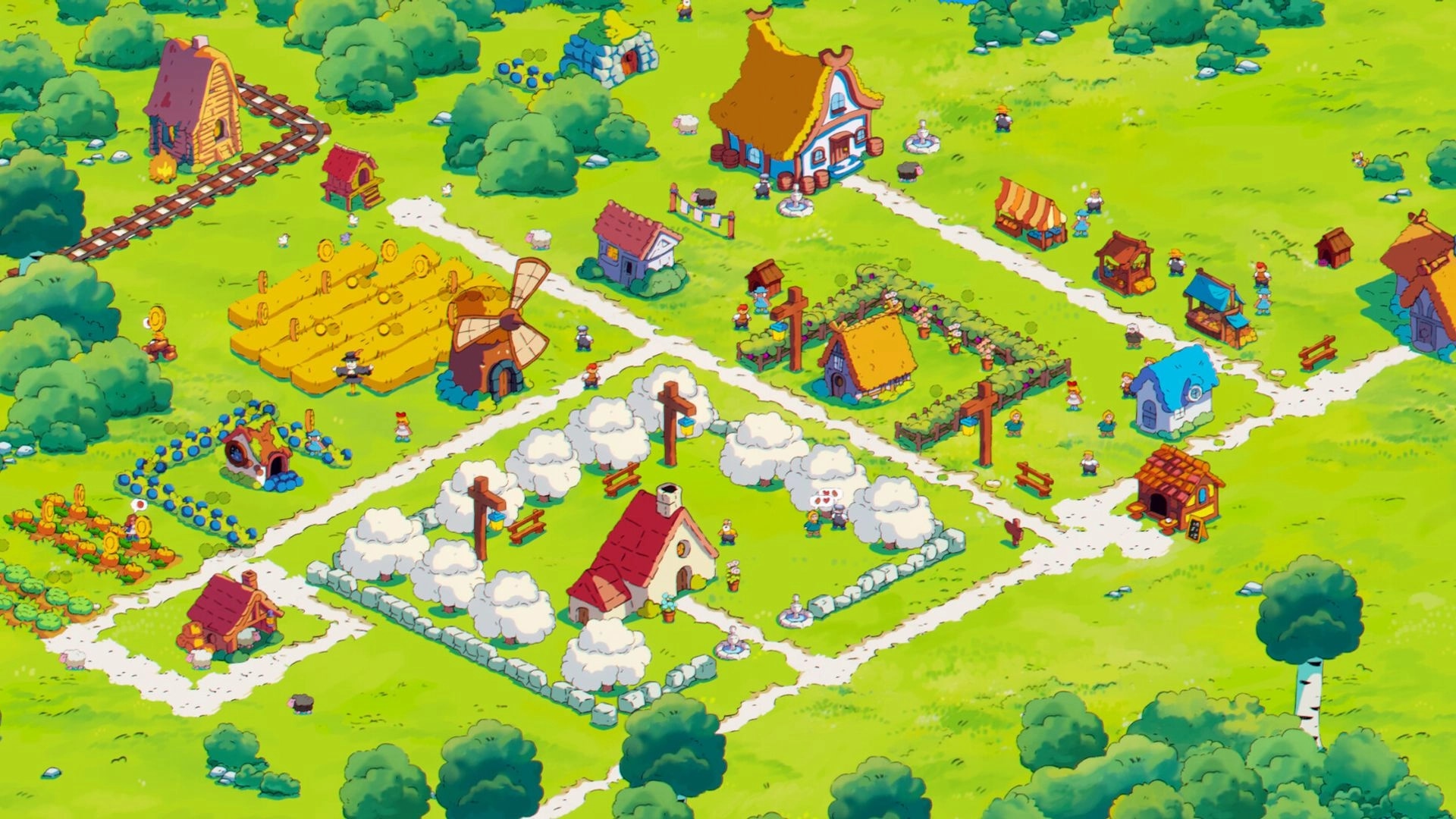 Spiritstead: Villagers tending fields and gardens with various buildings and paths in a lush green village
