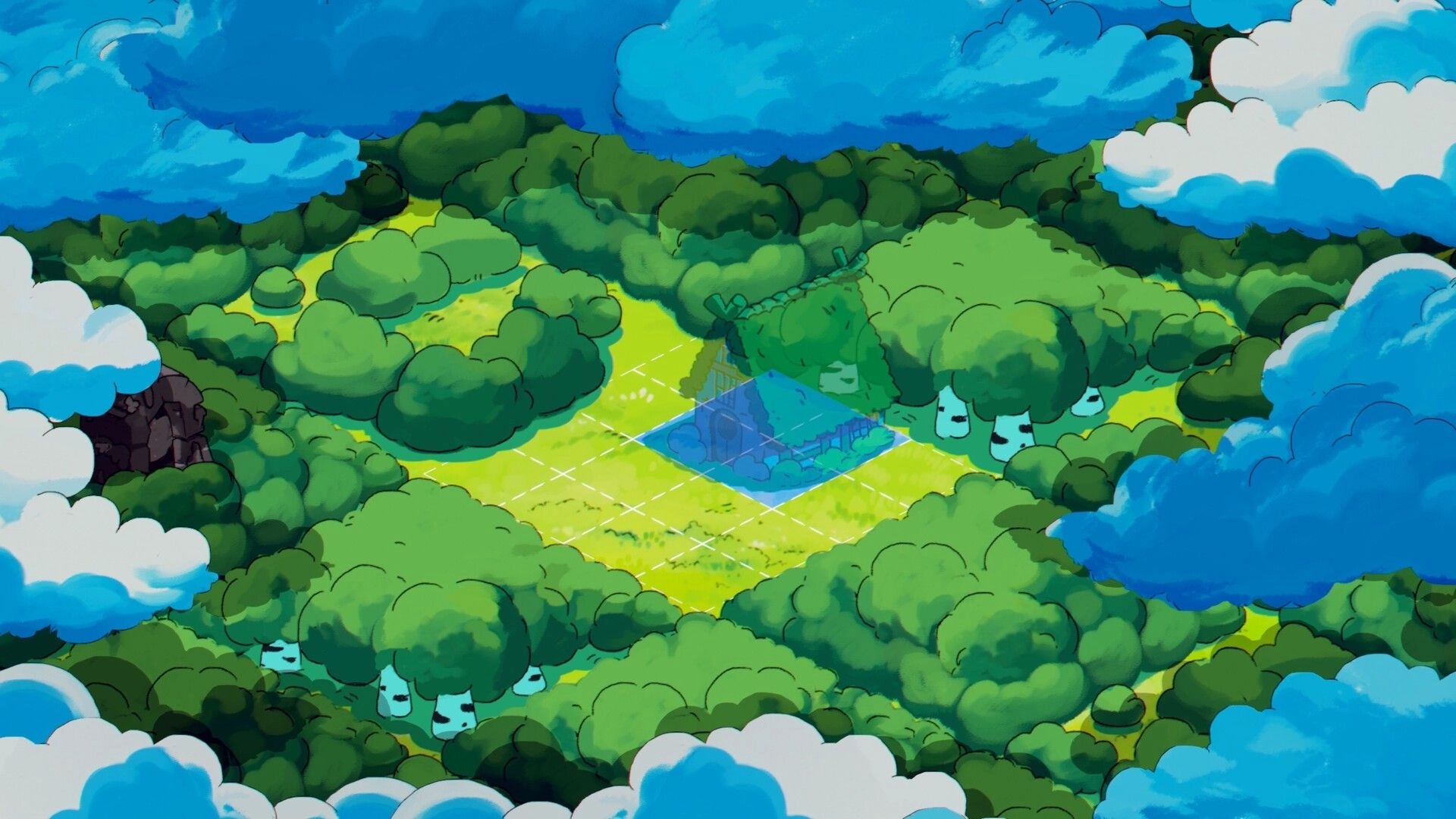 Spiritstead: Overhead view of forest clearing with grid layout and house placement indicator.