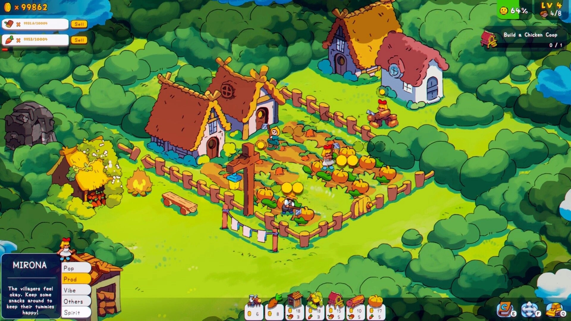 Spiritstead: Villagers harvest pumpkins in a vibrant, fenced garden surrounded by cozy cottages.