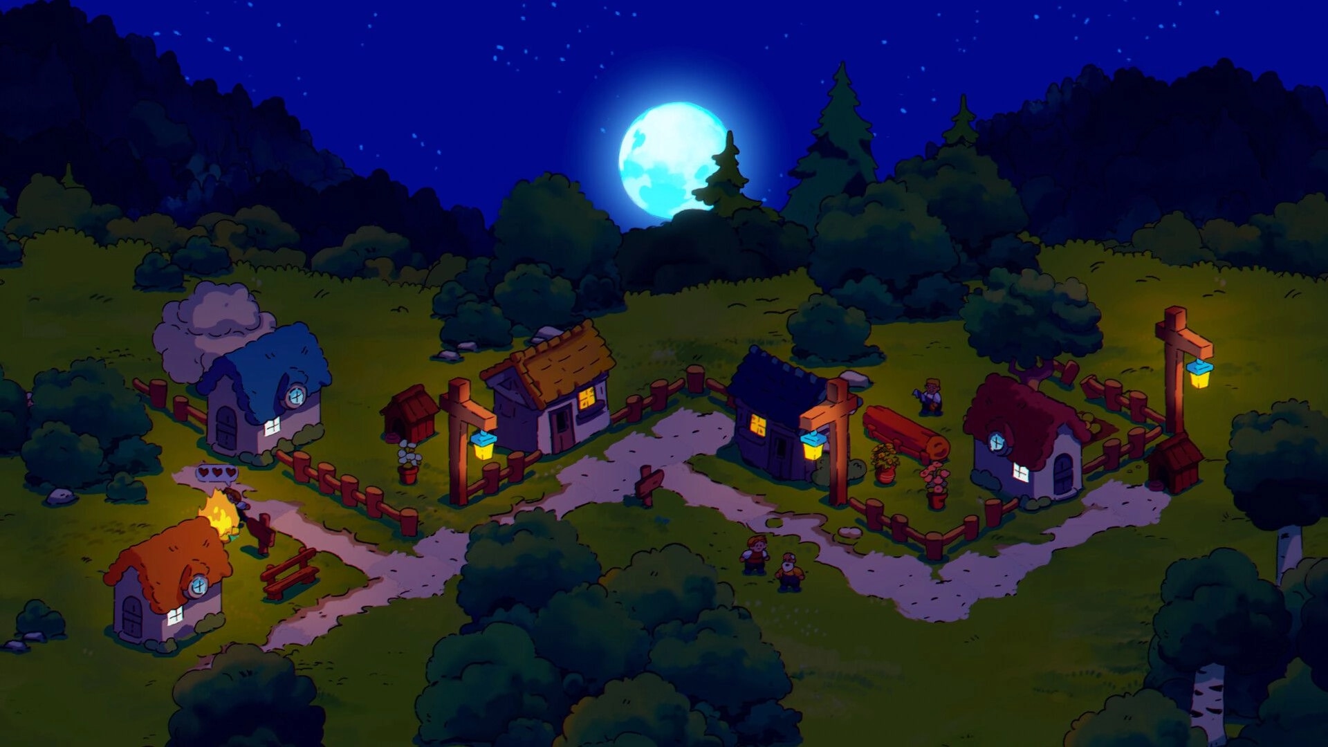 Spiritstead: Nighttime village scene with glowing lanterns, cozy cottages, and villagers on winding paths