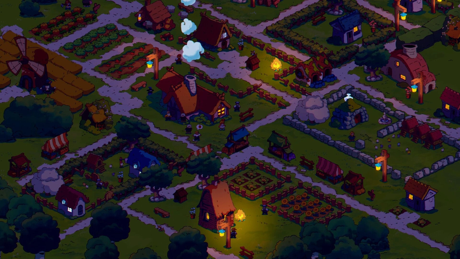 Spiritstead: Nighttime village with lit homes, winding paths, gardens, and villagers tending to crops.