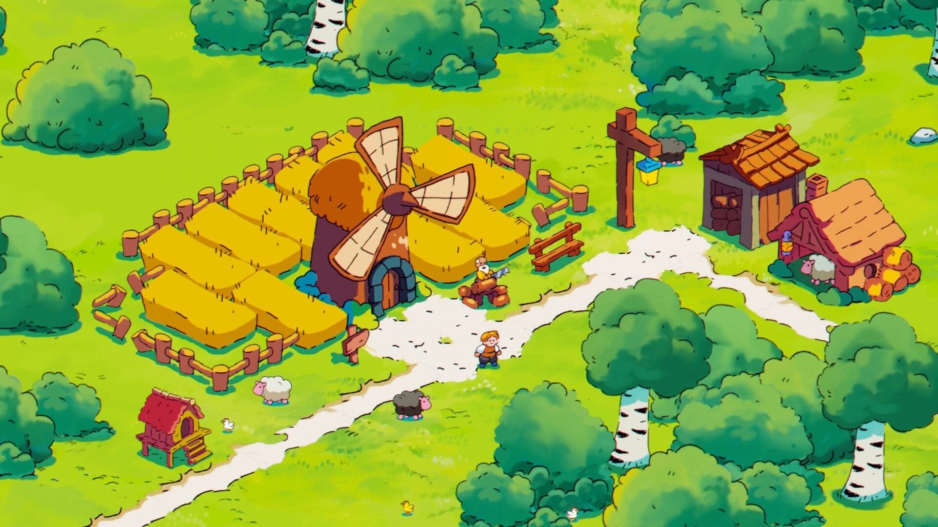 Spiritstead: Villager walks near windmill and farm buildings in a vibrant, lush green village setting.