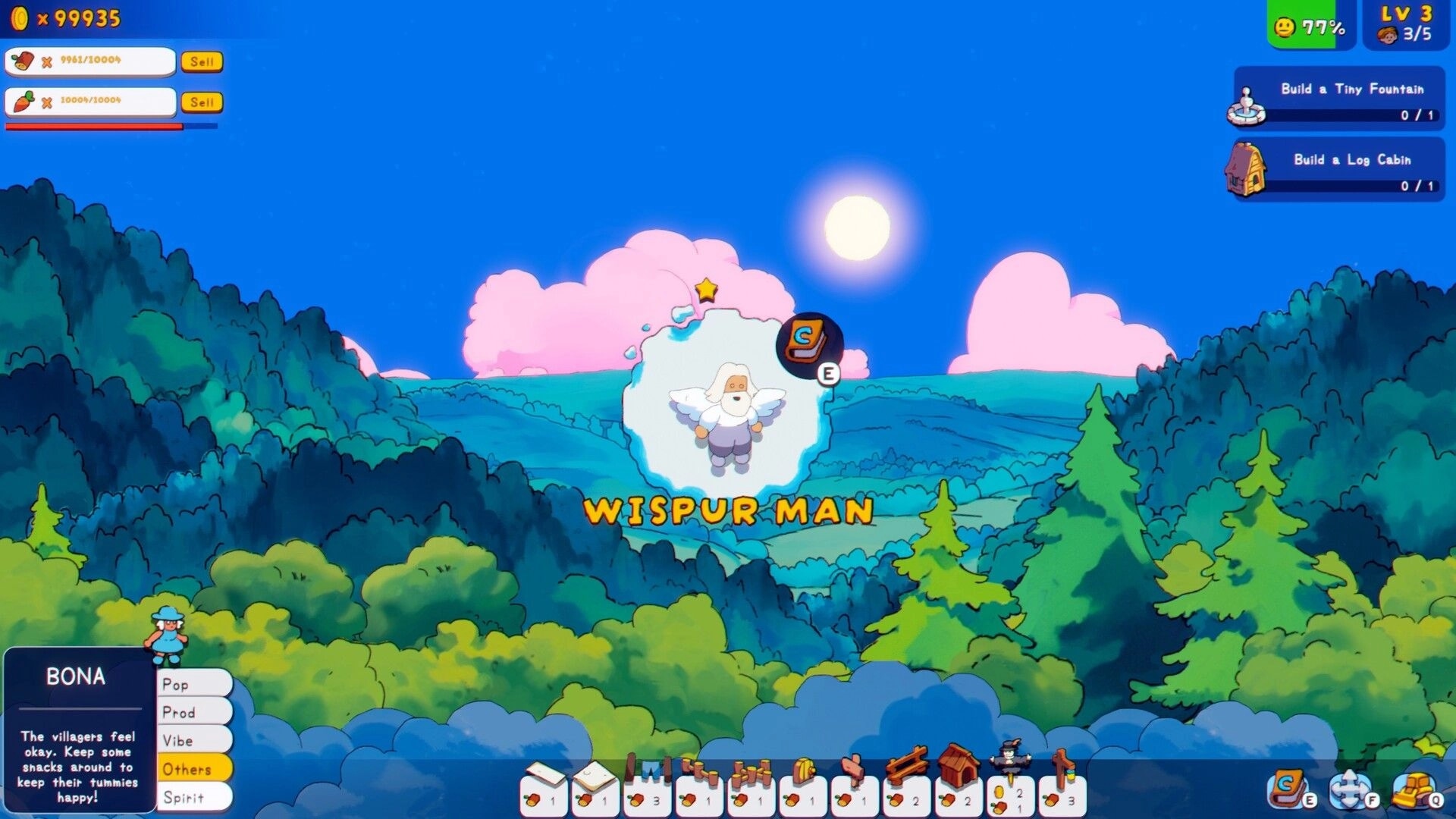 Spiritstead: Wisper Man character selection in lush forest with task menu and resource icons displayed