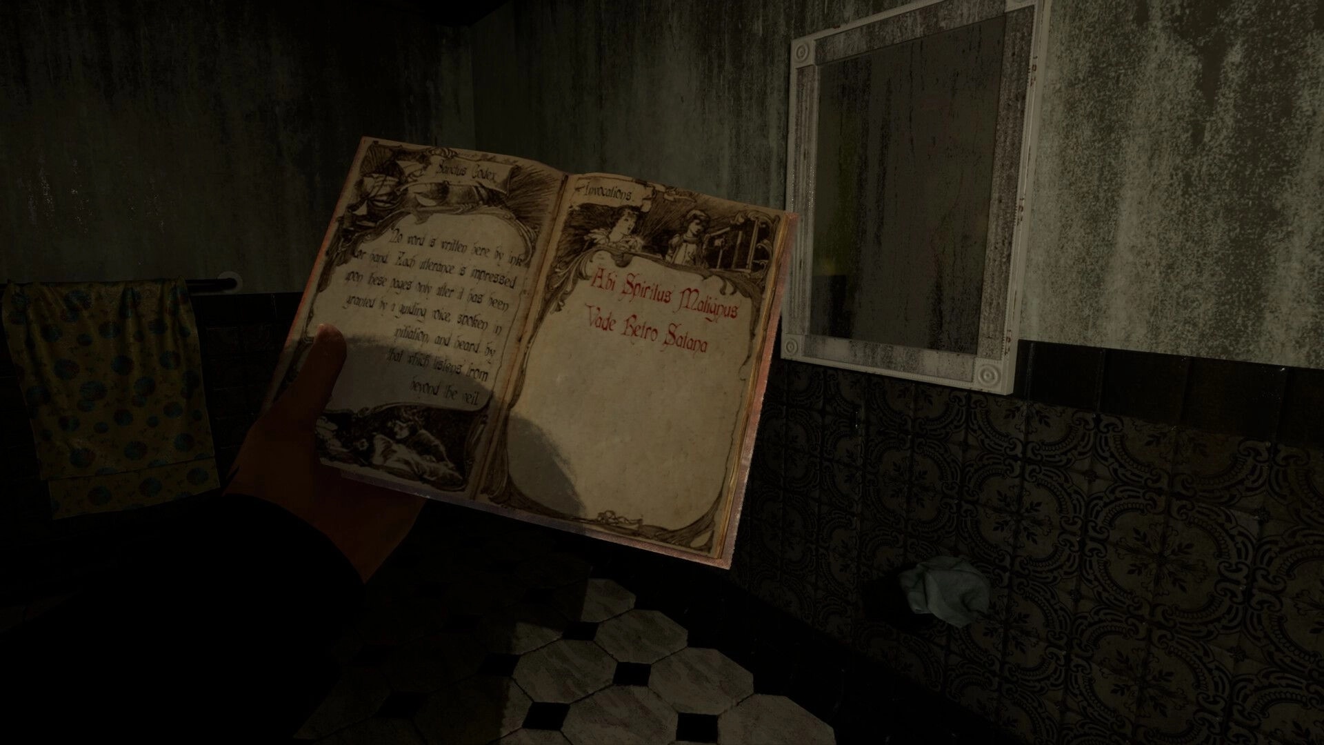 Spiritus Sancti: Player holds an open ritual book in a grimy bathroom with mirror, towel, tiles.