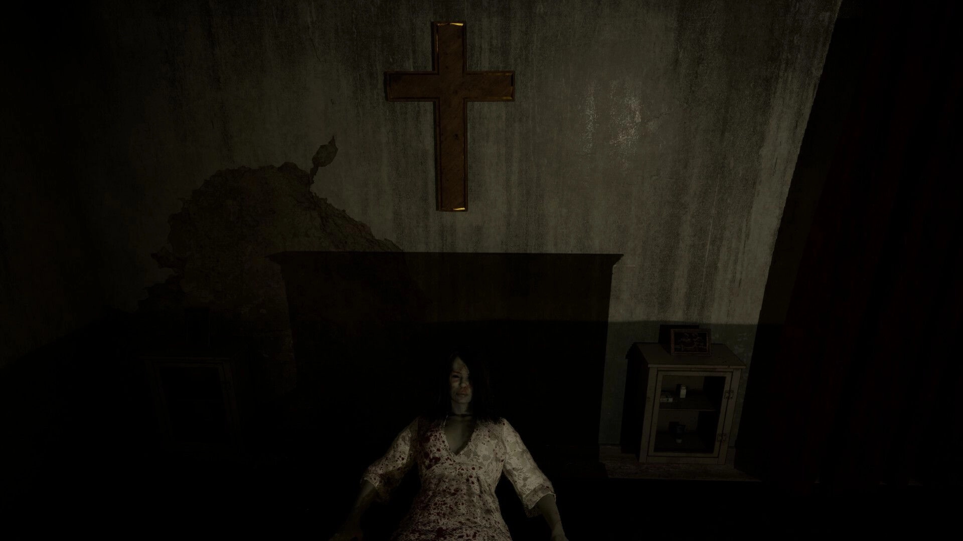 Spiritus Sancti: Bloodstained woman slumped in bed under a wall cross in a dim, decaying room.