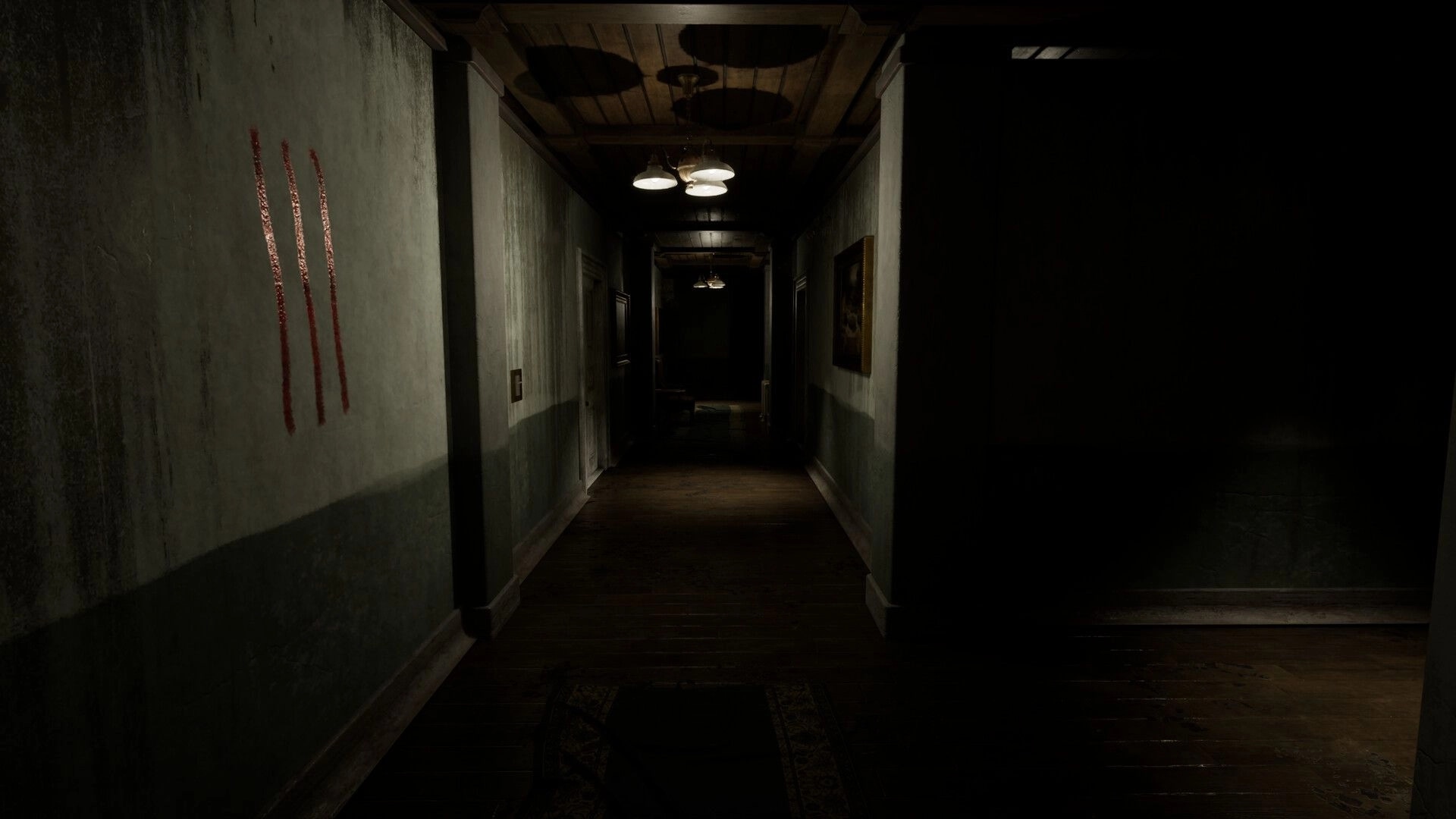 Spiritus Sancti: First-person view down a dim hallway with hanging lamps and bloody claw marks on wall.