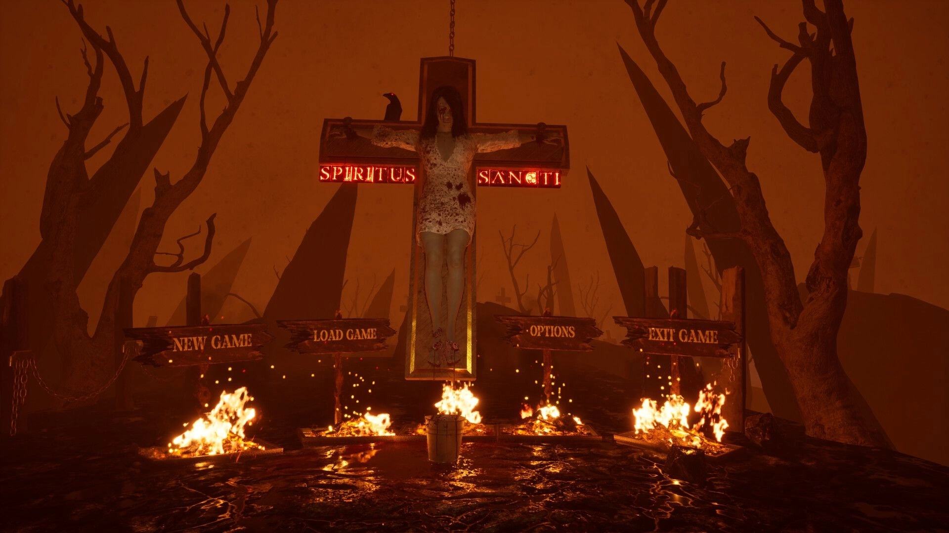 Spiritus Sancti: Main menu with crucified figure and New Game options in fiery, dead forest scene.
