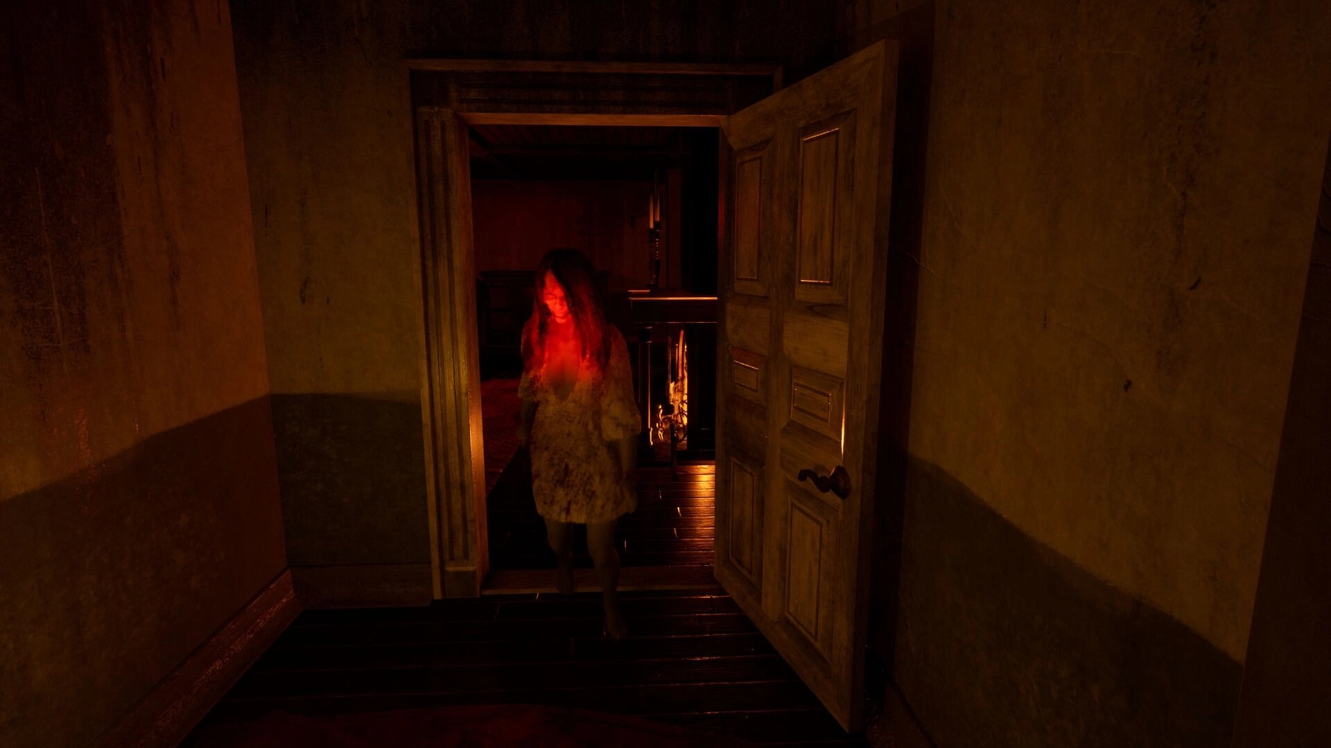 Spiritus Sancti: Red-glowing ghostly woman steps through open door into dim hallway by fireplace.