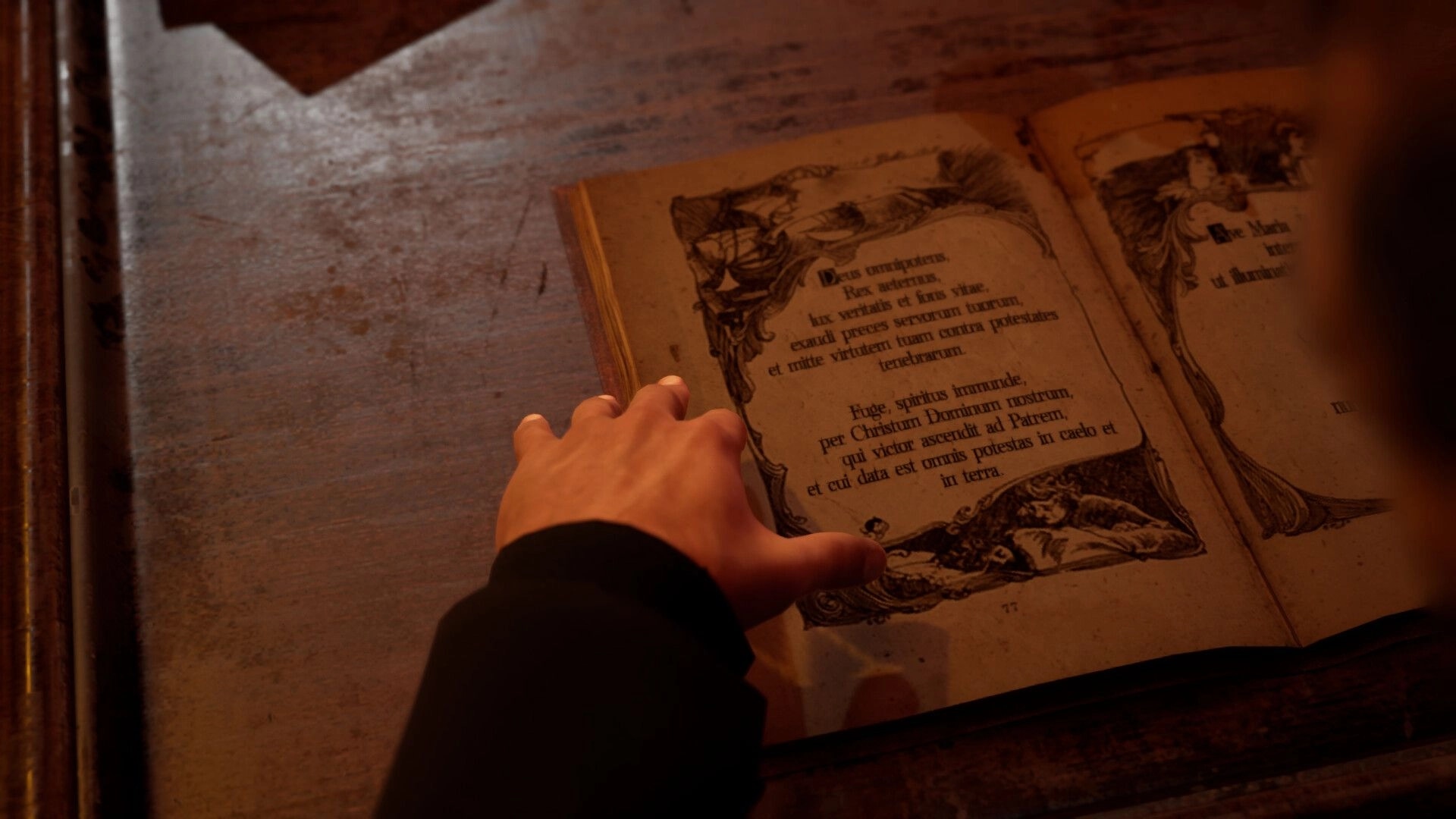Spiritus Sancti: Player hand reading an ornate Latin prayer book on a worn wooden table indoors.