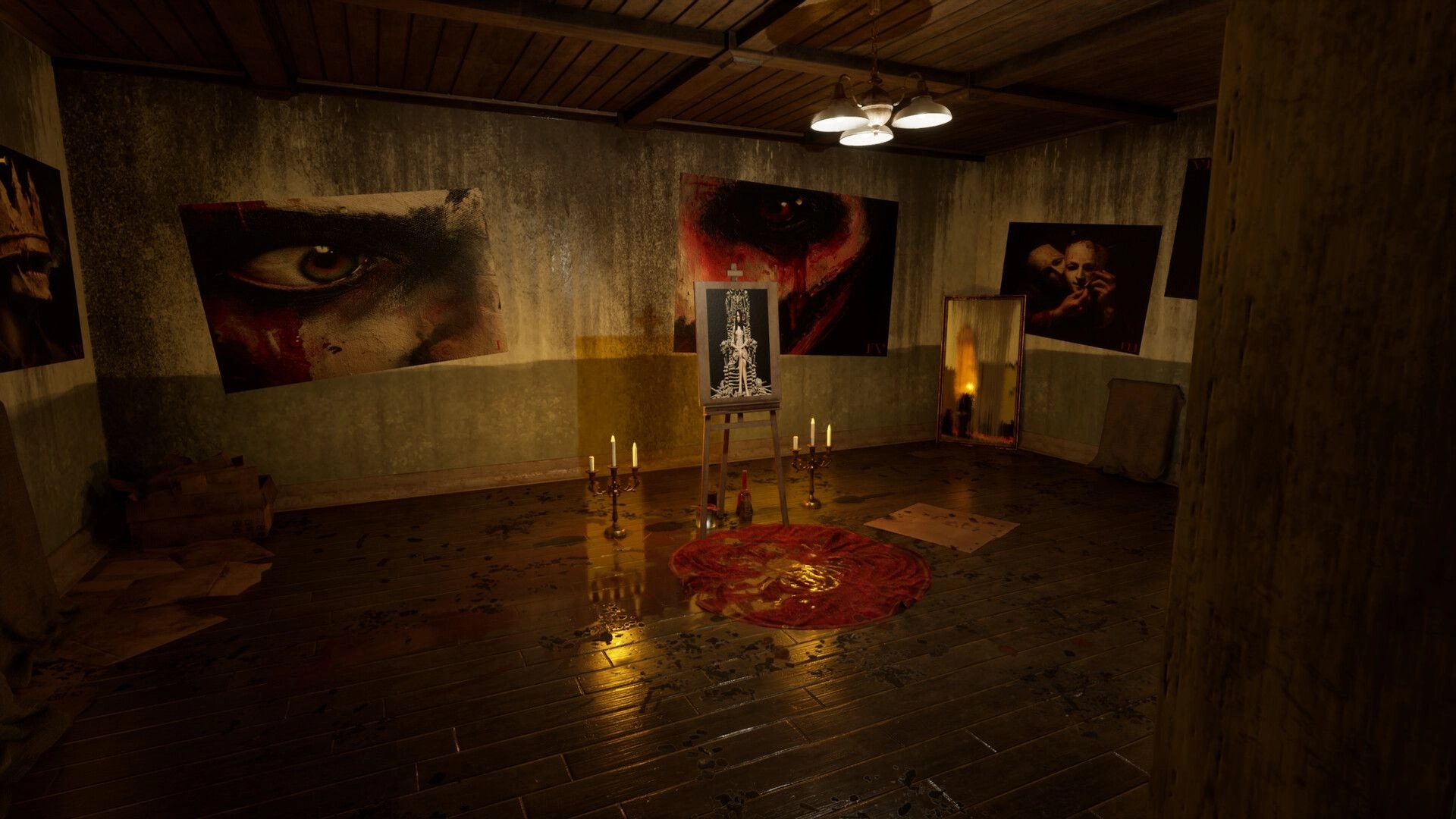 Spiritus Sancti: Candlelit ritual circle and easel with x-ray art in a grimy room of eerie paintings.
