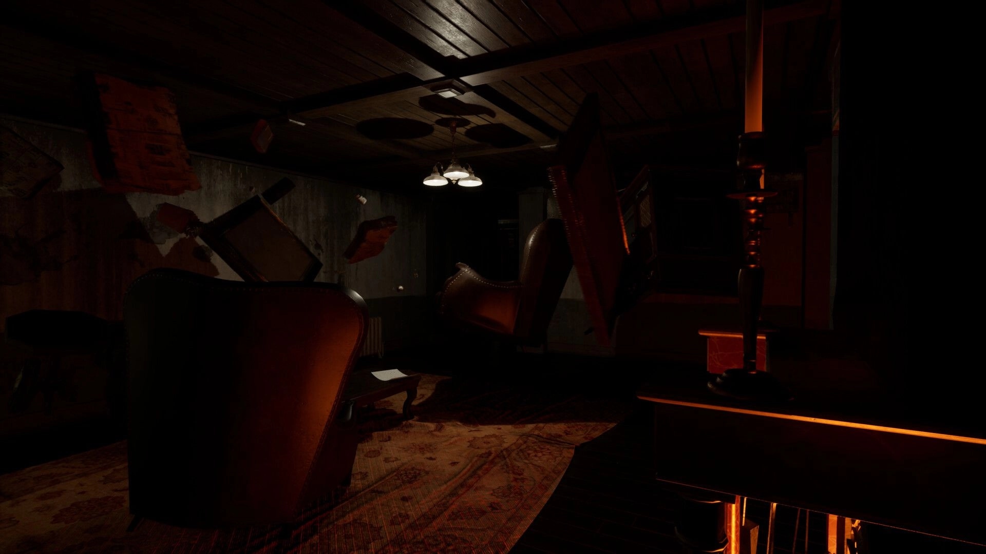 Spiritus Sancti: First-person view of a dim room with overturned chairs and debris under ceiling lights.
