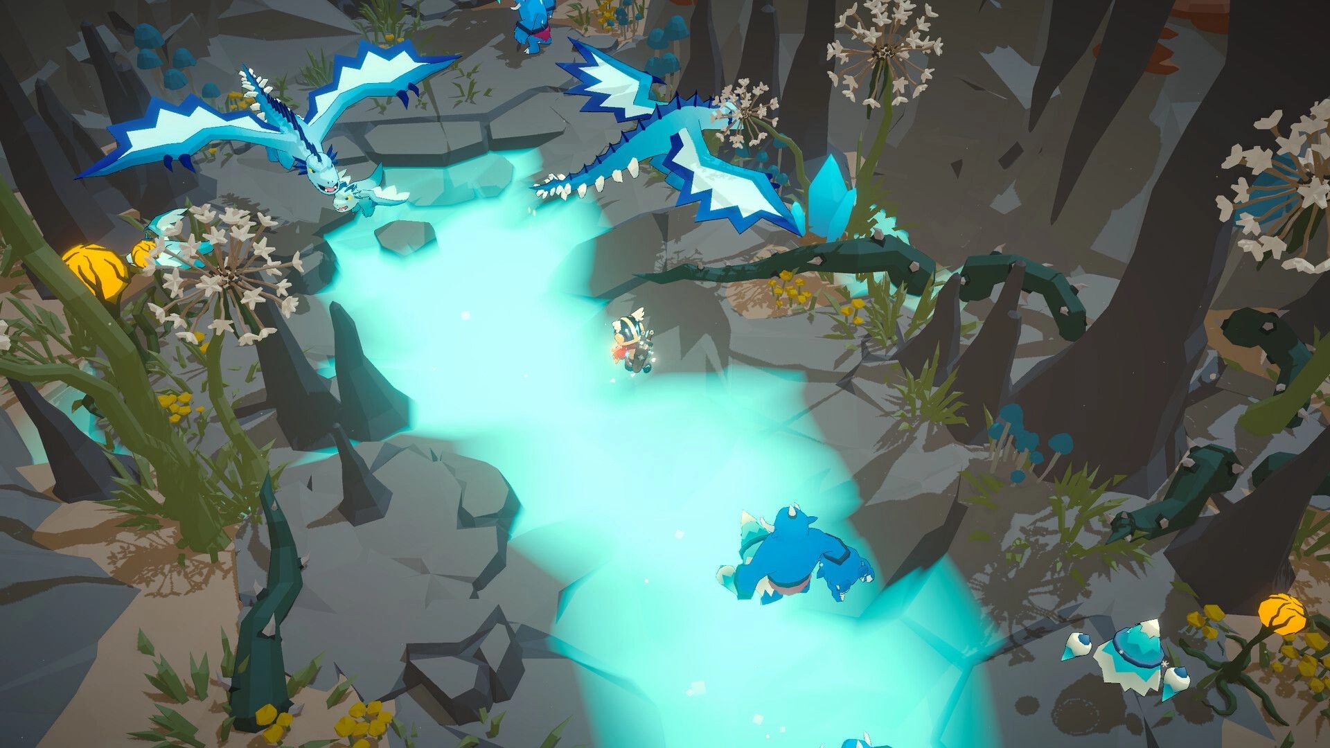 SpiritVale: Player character exploring glowing river surrounded by dragons and lush vegetation