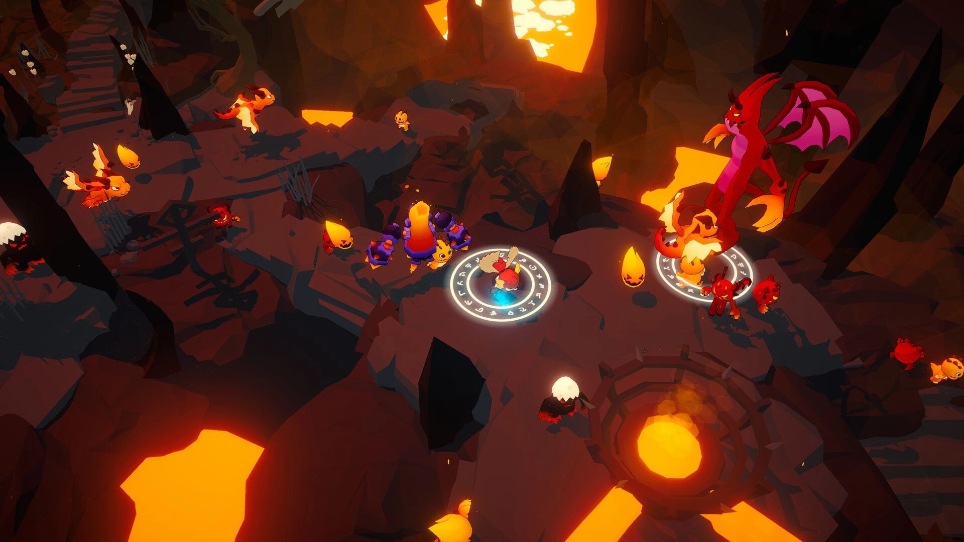 SpiritVale: Players in combat with fiery monsters and a dragon in a lava-filled cavern environment