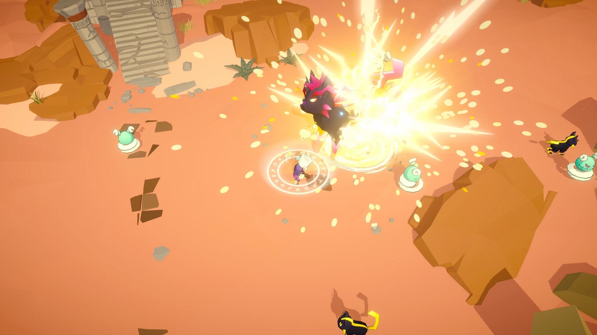 SpiritVale: Character casting spell against shadow creature in desert ruins environment