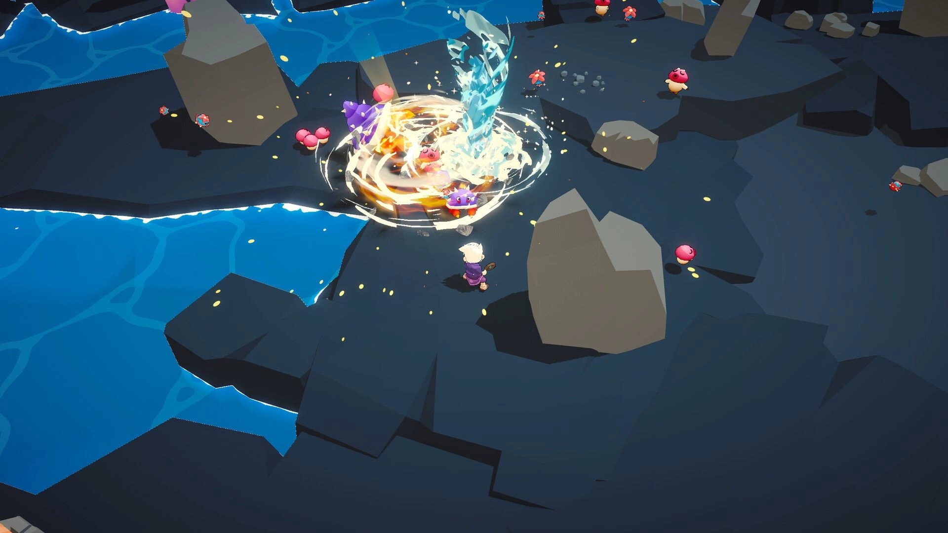 SpiritVale: Character casting spell in rocky area with glowing effects and small creatures around