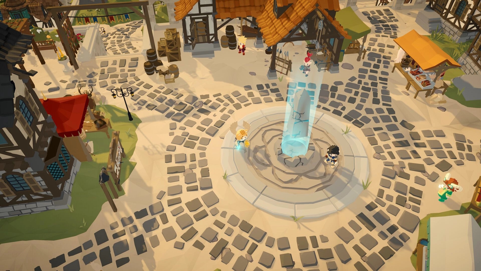 SpiritVale: Players gather around a glowing crystal in a bustling medieval village plaza with shops and vendors.