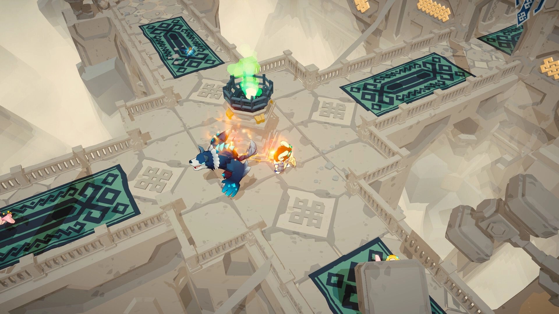 SpiritVale: Player with a wolf companion exploring ancient ruins with glowing green altar in center