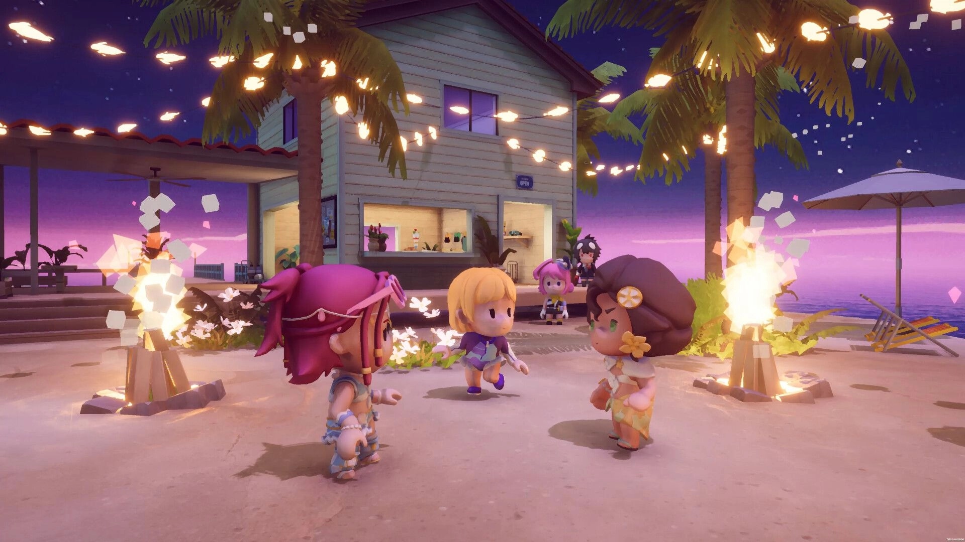 Splash Divers: Chibi characters chatting by bonfires and string lights outside a beach house at dusk.