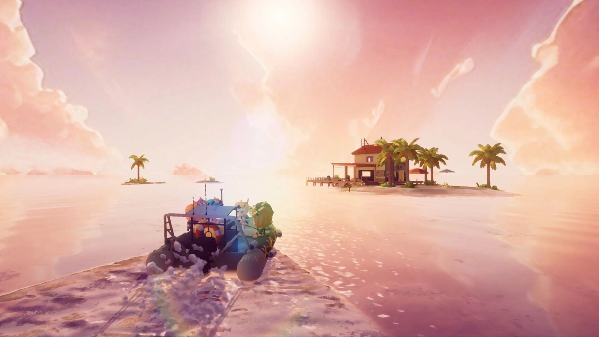Splash Divers: Dive boat leaving a dock toward a palm island resort at sunrise over calm ocean.