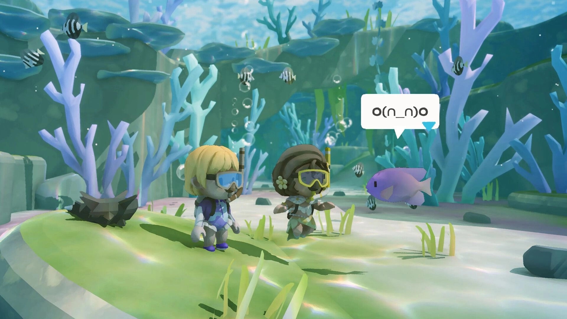 Splash Divers: Two divers in snorkel gear watch a purple fish in a coral reef lagoon scene.