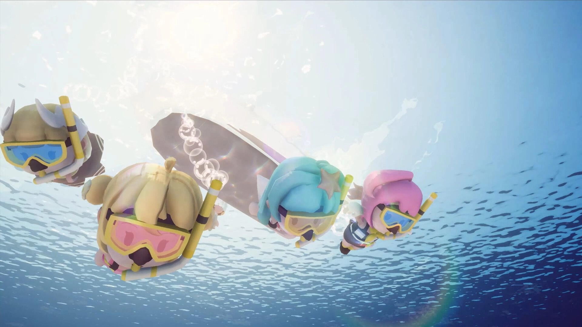 Splash Divers: Four snorkelers swim in formation near a surfboard under bright ocean surface light.