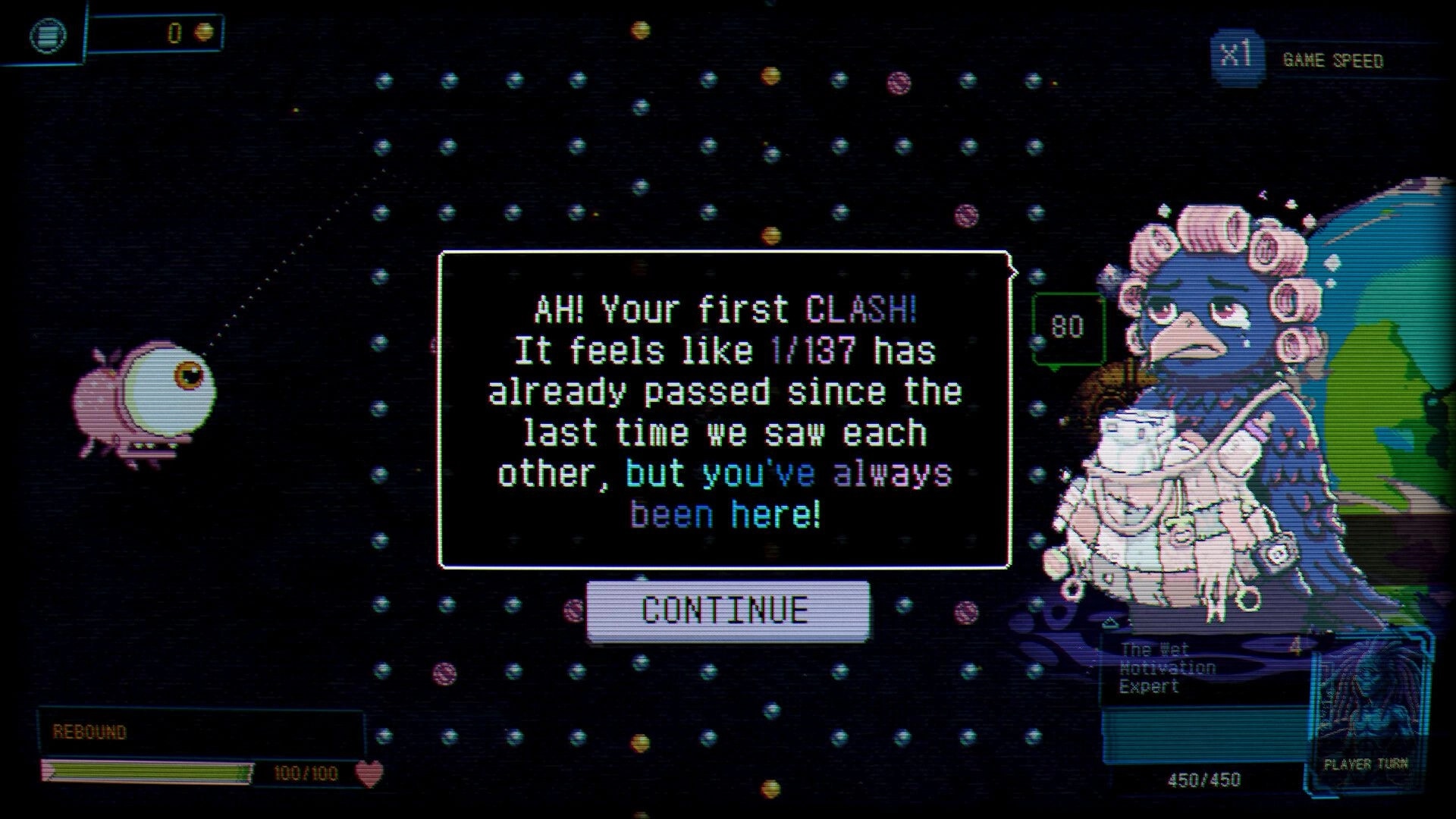 Splatchinko: Dialogue pop-up over pegfield with eyeball ball and NPC portrait in space arena.