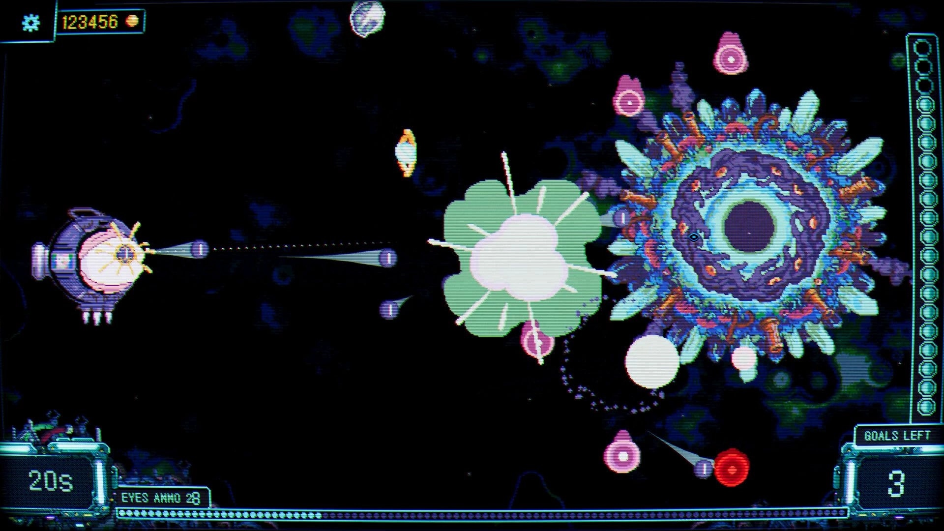 Splatchinko: Cannon fires eye projectiles at a giant ringed planet in a neon starfield UI HUD.