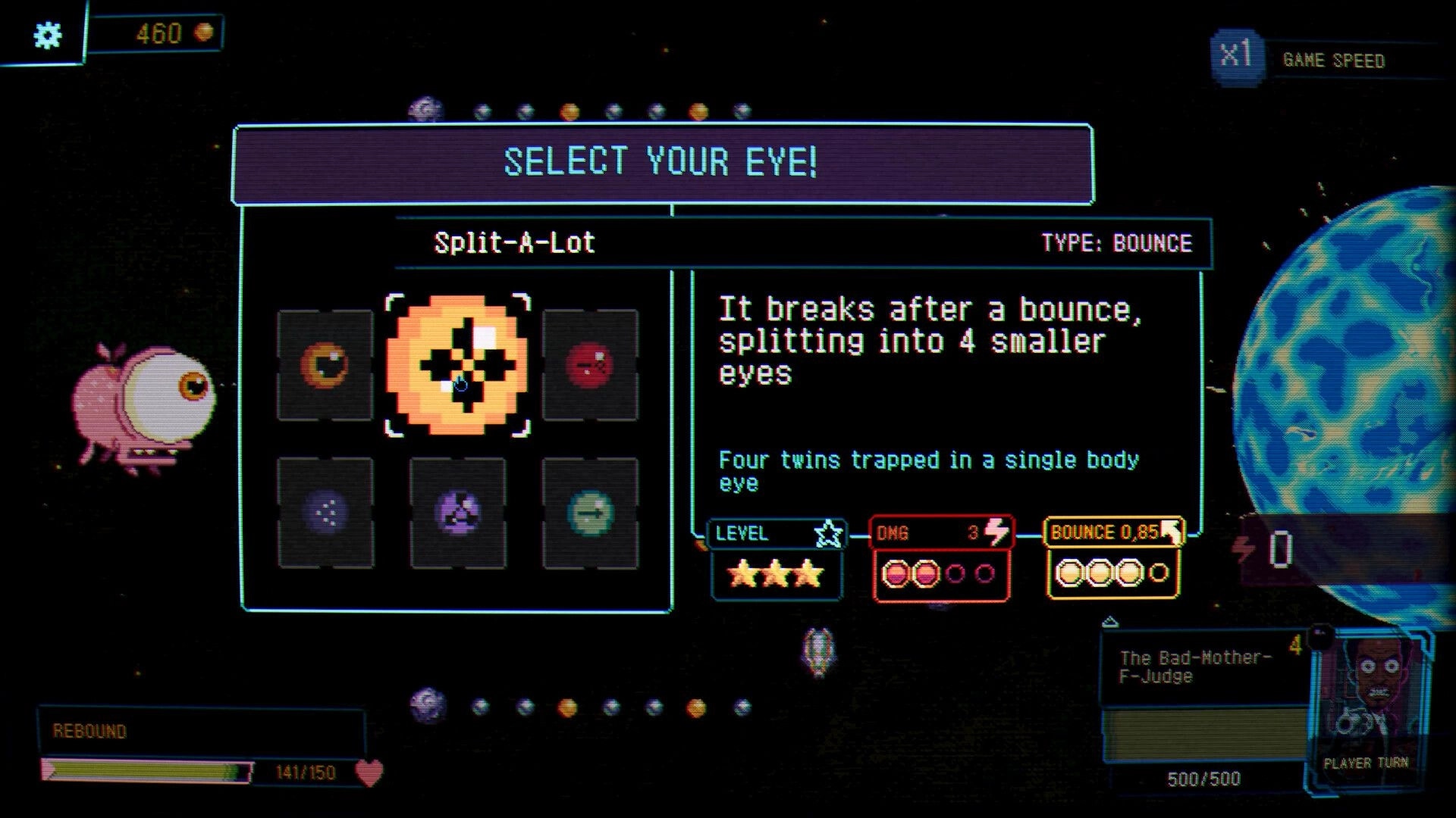 Splatchinko: Eye selection menu highlighting Split-A-Lot stats and description over starry space map.