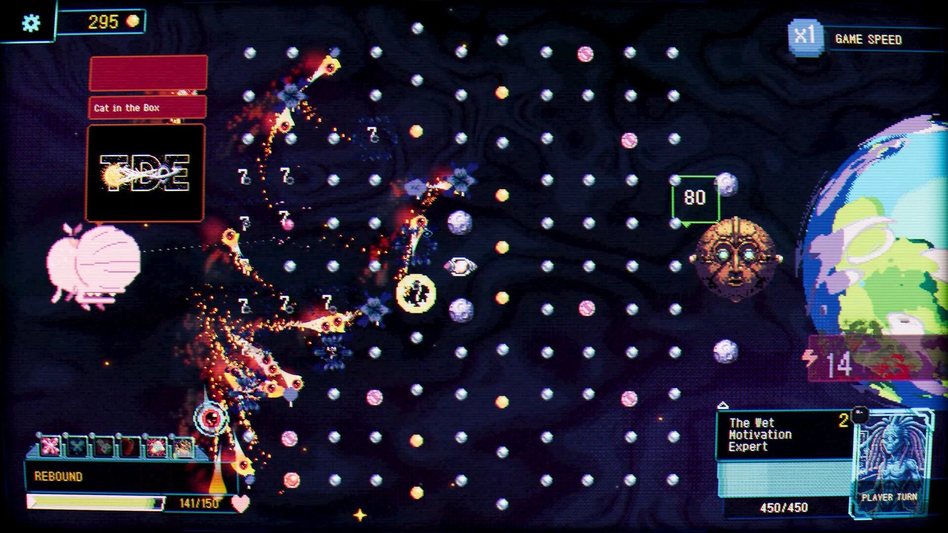 Splatchinko: Eye projectiles ricochet across pegboard as card UI and planets float in space field.
