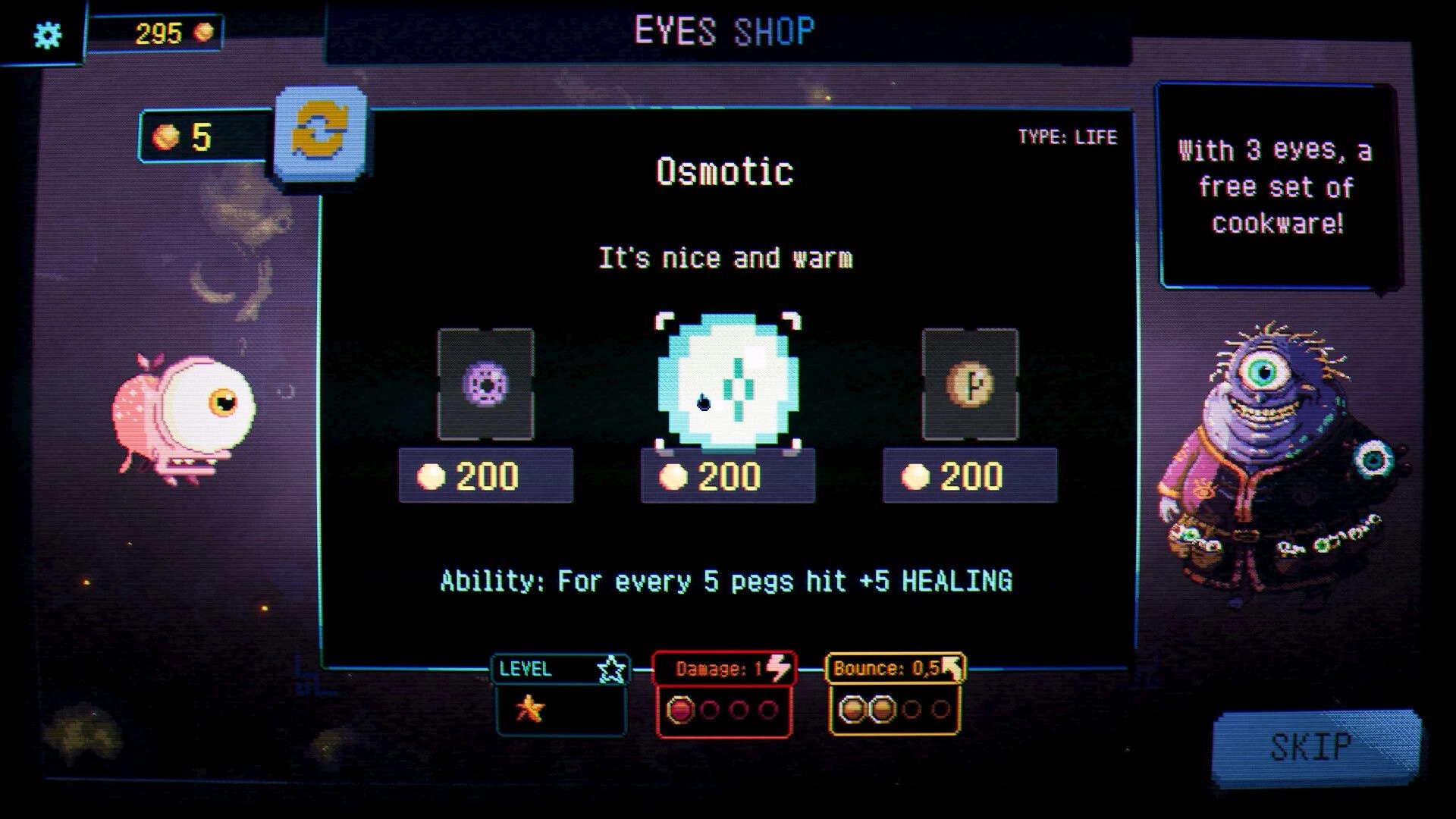 Splatchinko: Eyes Shop menu selecting Osmotic life eye upgrade with prices, vendor and skip button.