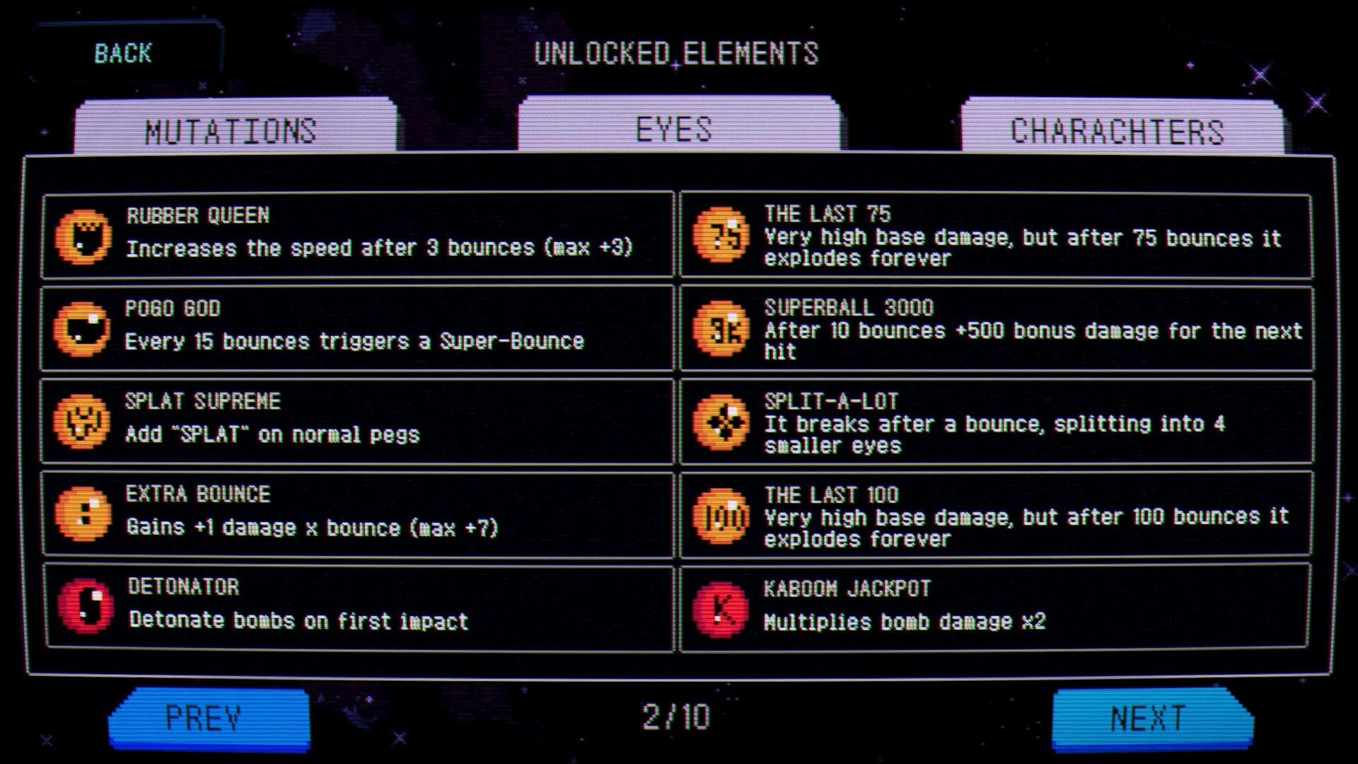 Splatchinko: Unlocked Elements menu listing Eyes upgrades and bounce effects on a starry space backdrop.