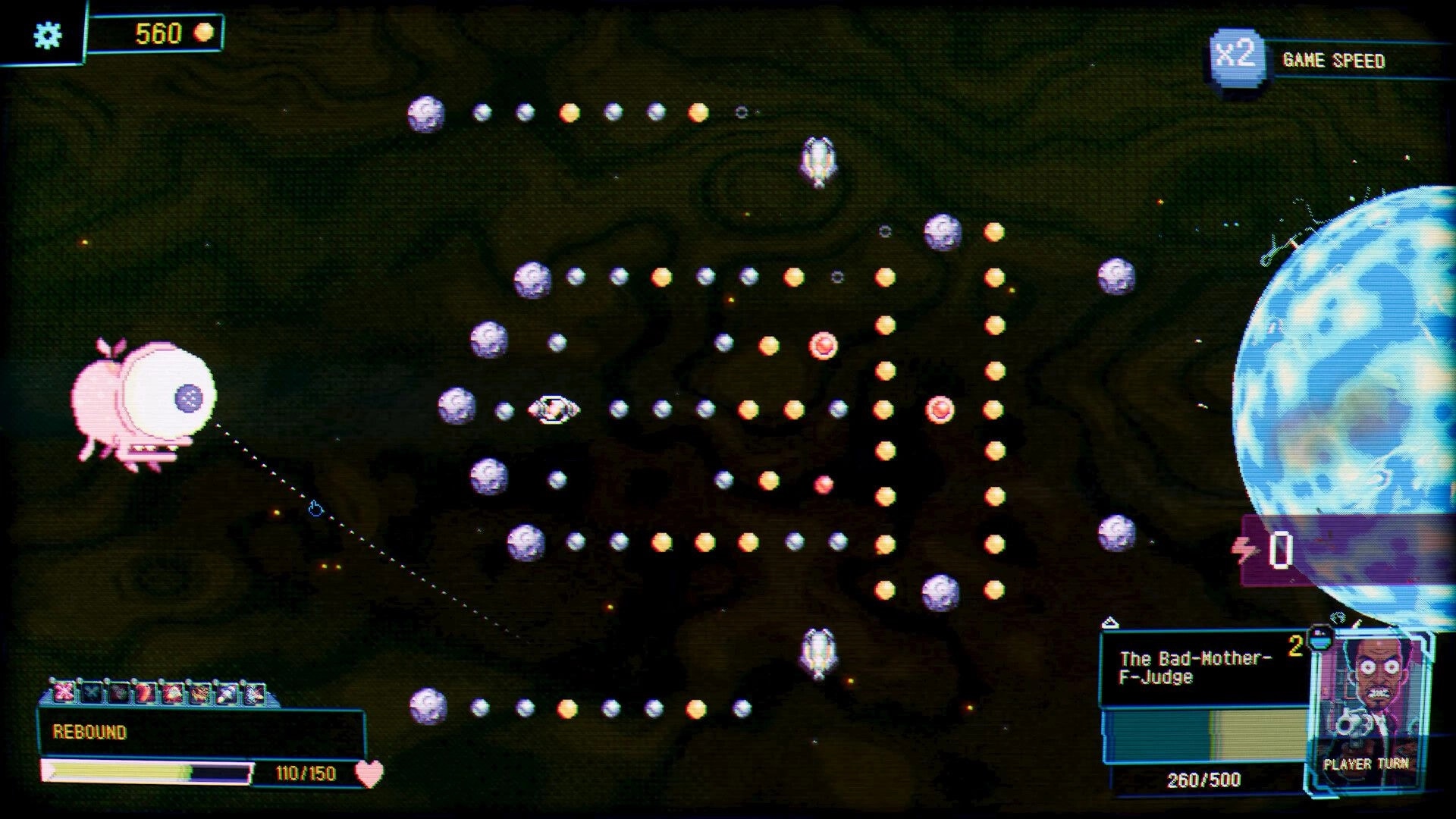 Splatchinko: Aiming an eyeball shot through peg maze at planet enemy in space battle UI screen.