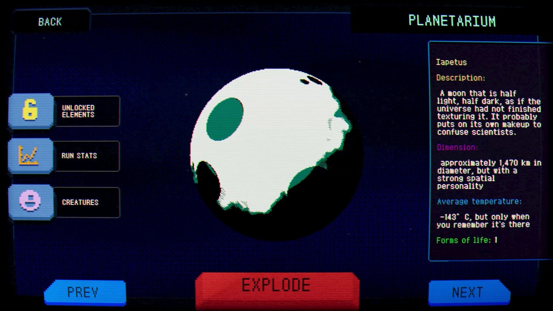 Splatchinko: Planetarium menu with moon Iapetus info panel and PREY/EXPLODE/NEXT buttons in space.