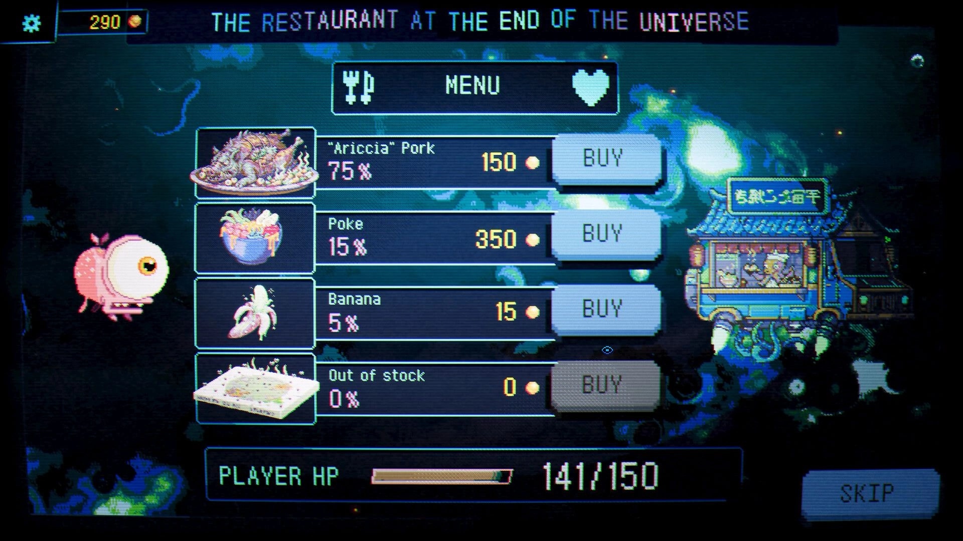Splatchinko: Shop menu listing food items with Buy buttons beside a space noodle cart backdrop.
