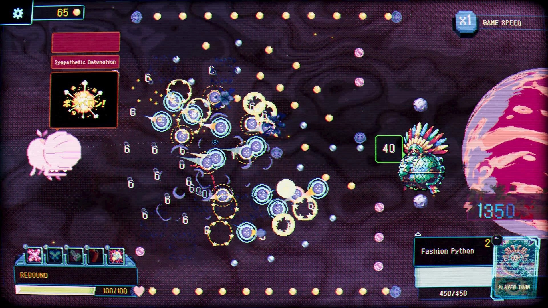 Splatchinko: Explosions and bouncing orbs hit pegs, facing Fashion Python in a cosmic board arena.