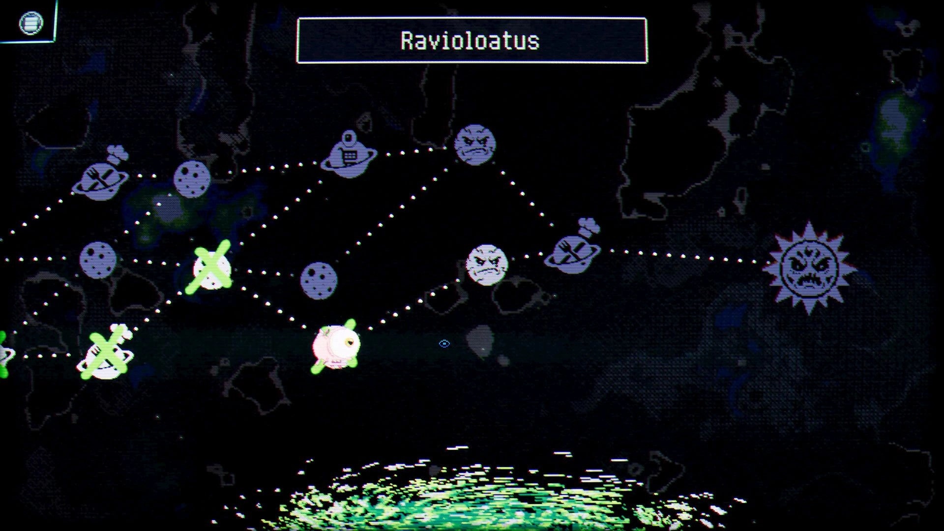 Splatchinko: Raviloatus star map with dotted routes, node icons, and a boss face on space backdrop.