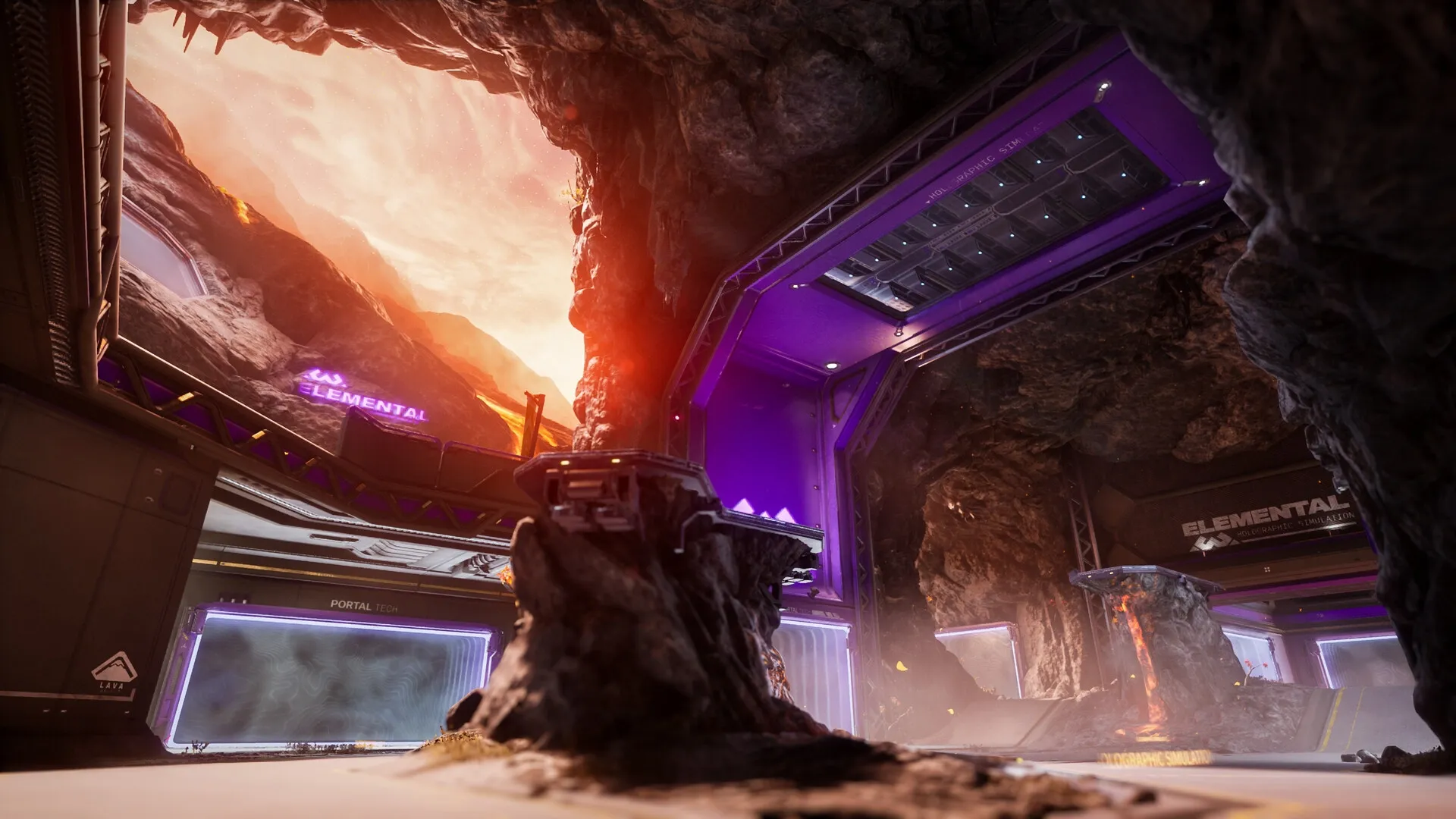 Splitgate 2: Futuristic cavern arena with glowing purple structures and lava flowing through rock formations