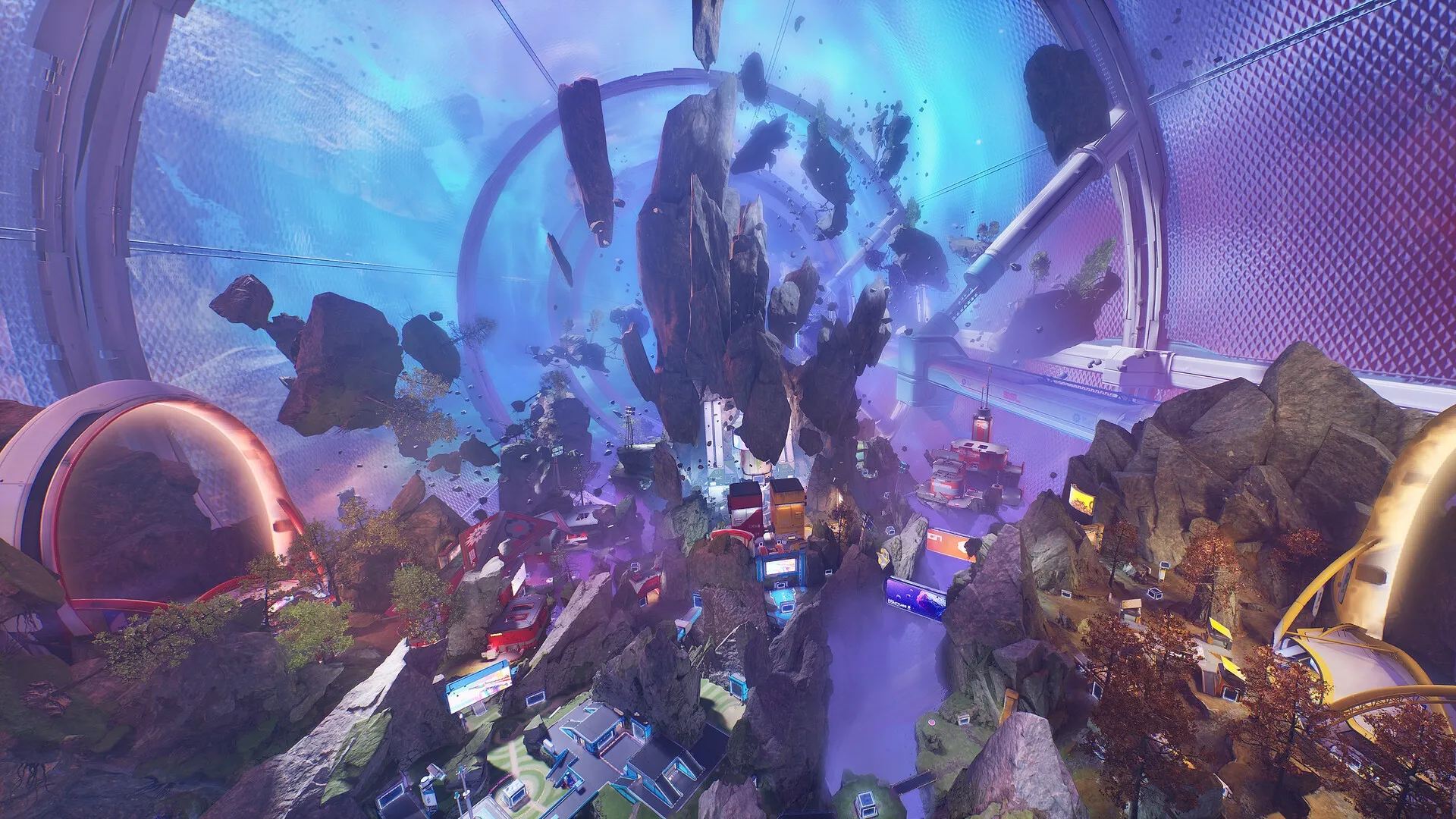 Splitgate 2: Floating rocks and futuristic structures in a vibrant, dome-like environment