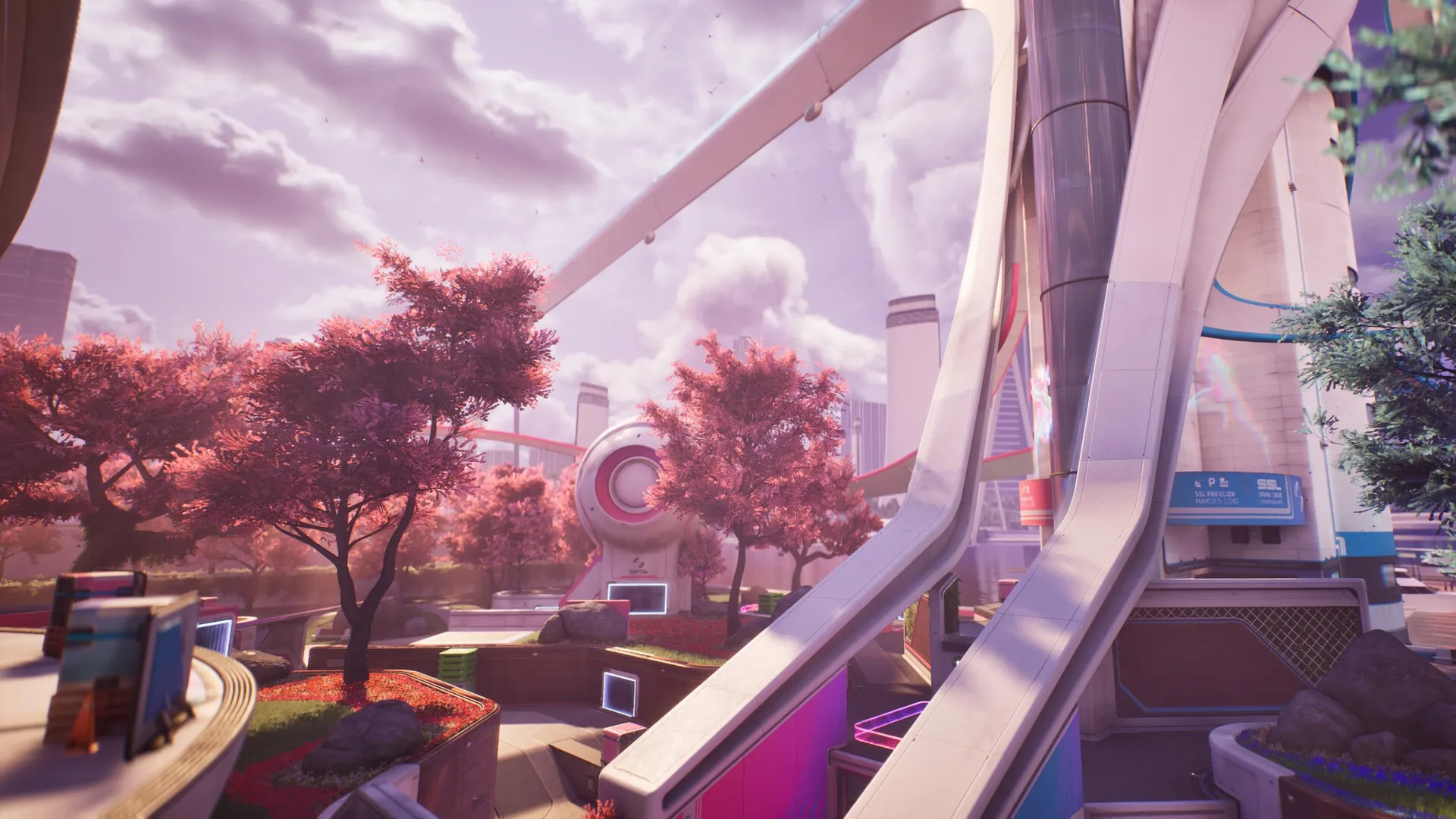 Splitgate 2: Futuristic cityscape with pink blossom trees and towering modern structures