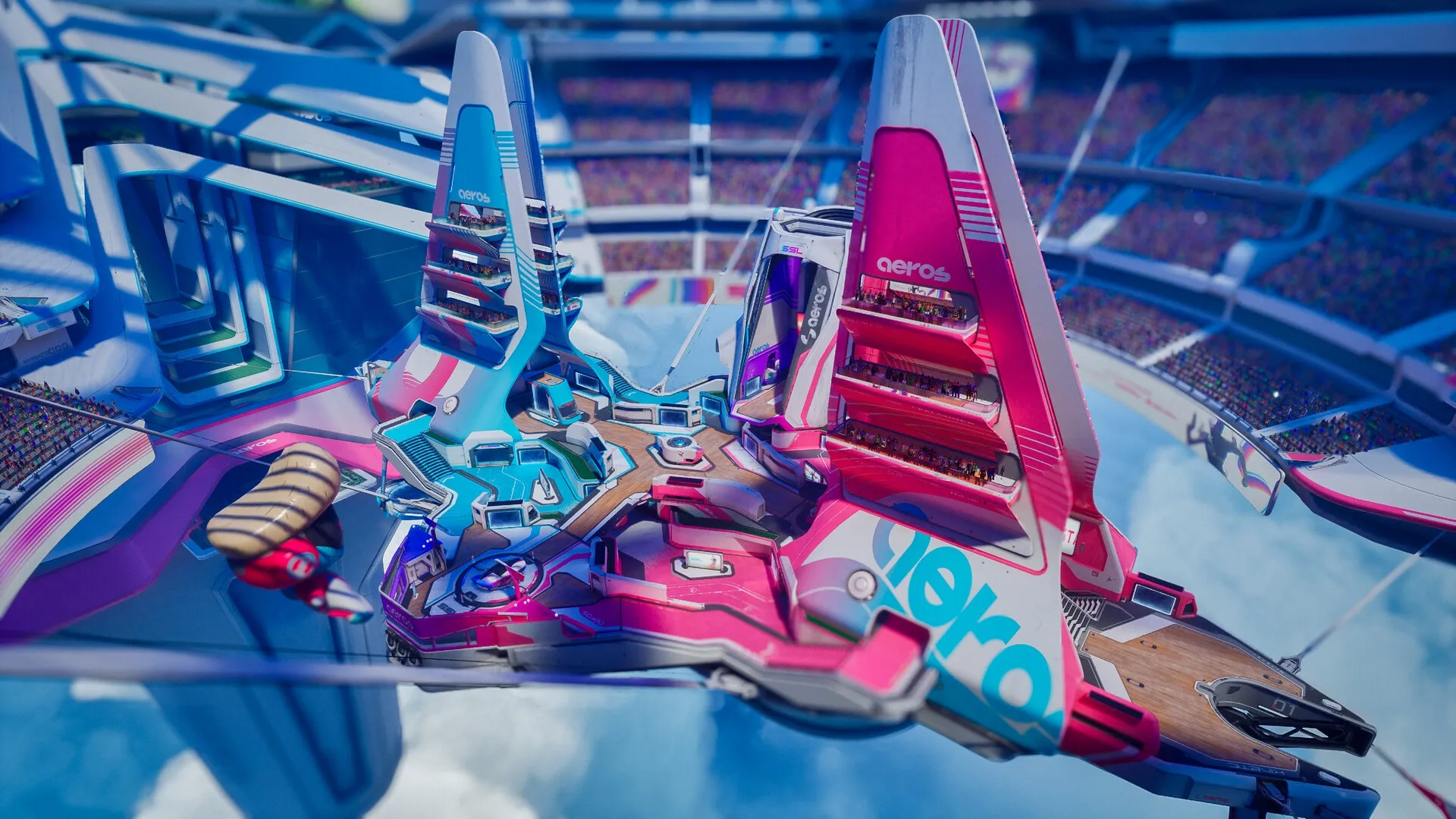 Splitgate 2: Futuristic arena with blue and pink structures surrounded by a stadium full of spectators