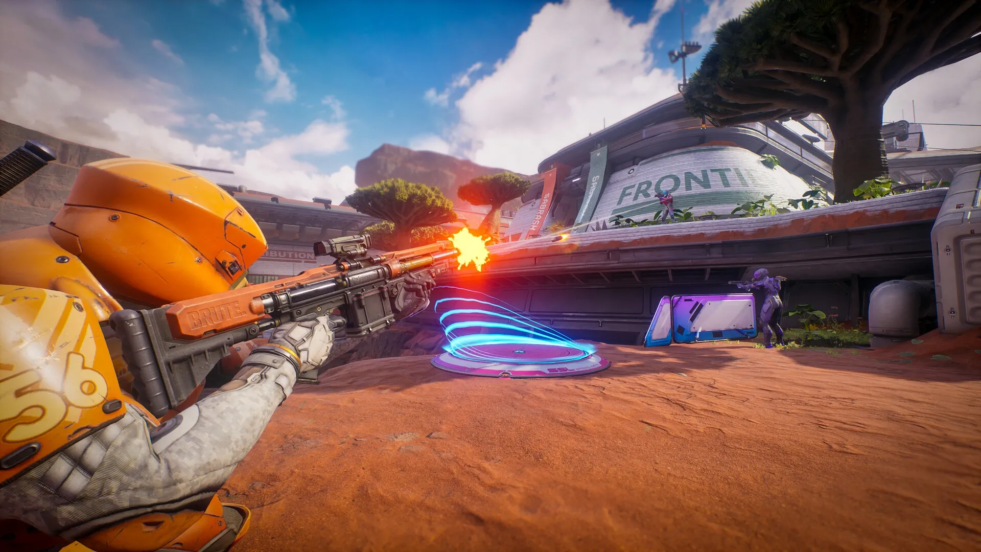 Splitgate 2: Player in orange armor fires rifle near portal on desert map with futuristic structures